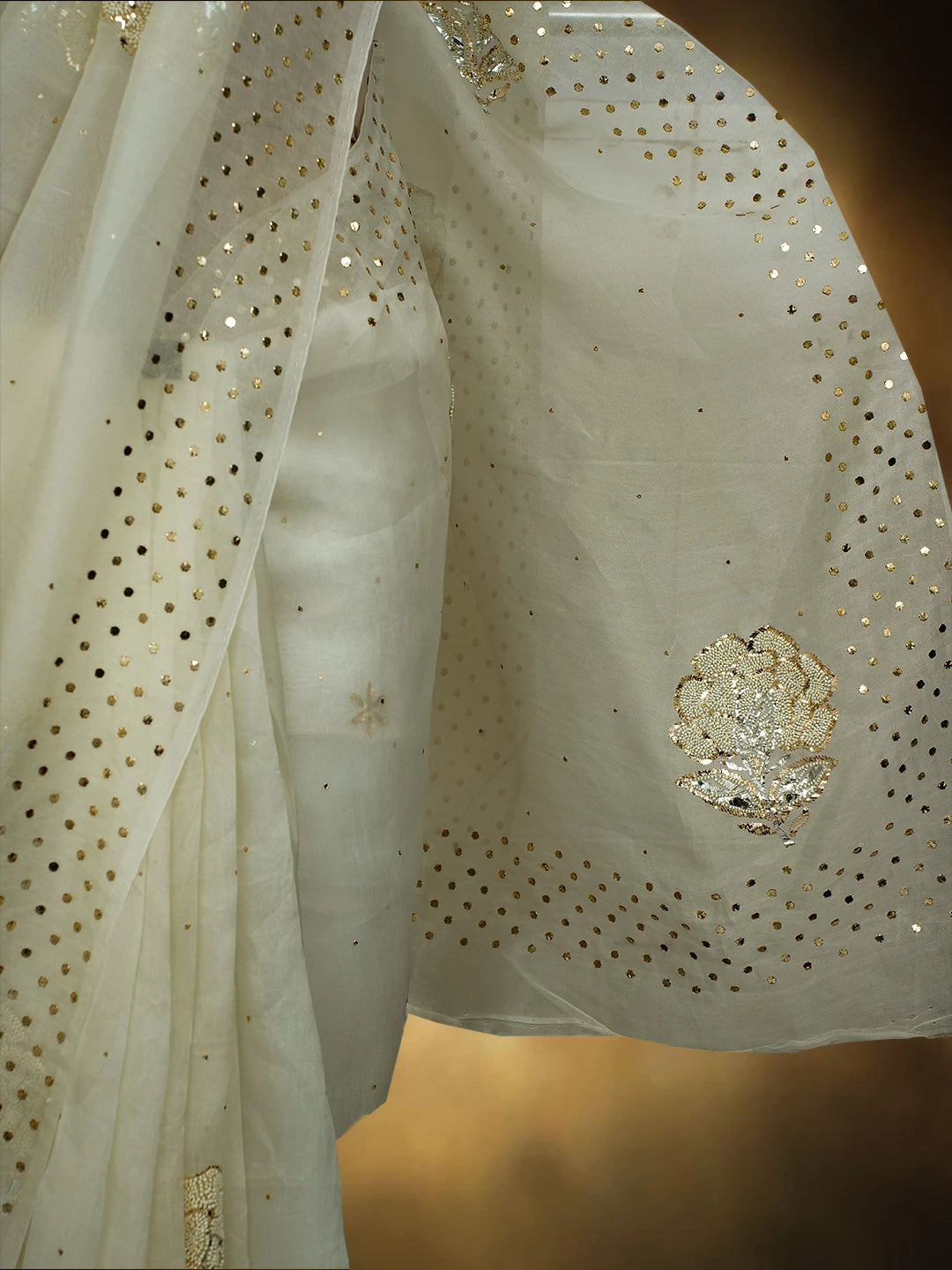 Ada Hand Embroidered Off White Organza Lucknowi Chikankari Saree and Blouse With Muqaish Work 01A723517