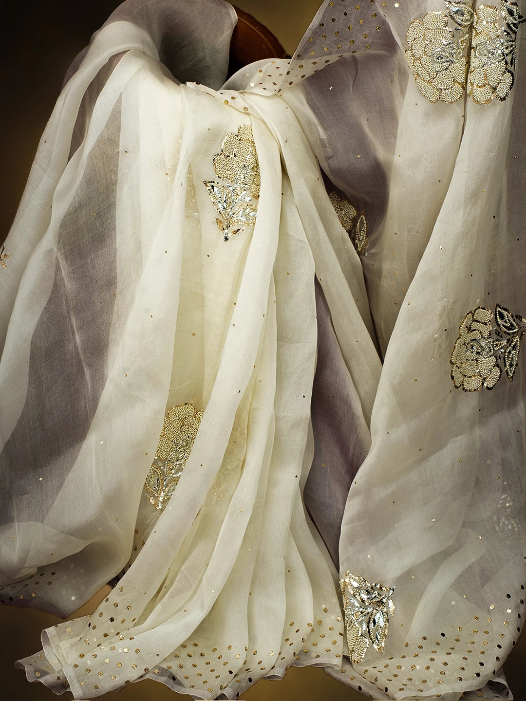 Ada Hand Embroidered Off White Organza Lucknowi Chikankari Saree and Blouse With Muqaish Work 01A723517