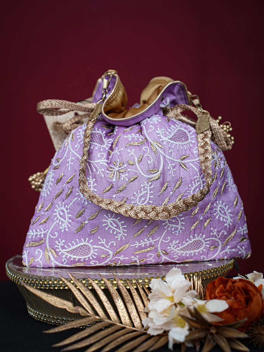 Ada Hand Embroidered Lavender Silk Lucknowi Chikankari Potli Bag With Zari Work 01A718941