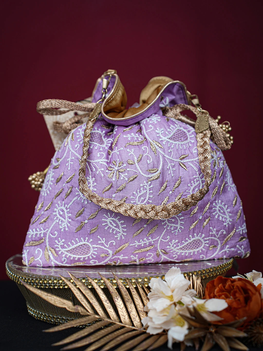 Ada Hand Embroidered Lavender Silk Lucknowi Chikankari Potli Bag With Zari Work 01A718941