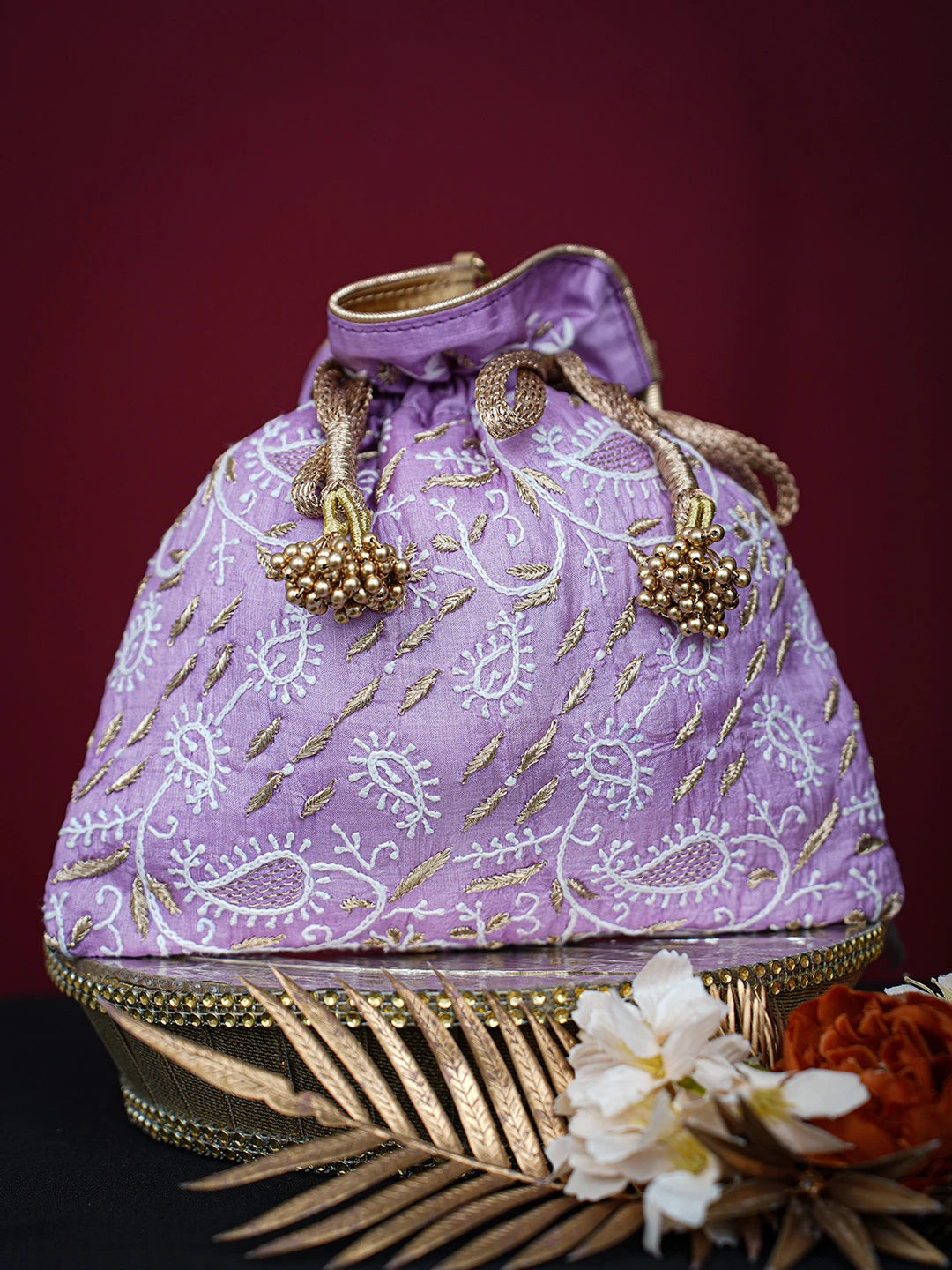 Ada Hand Embroidered Lavender Silk Lucknowi Chikankari Potli Bag With Zari Work 01A718941