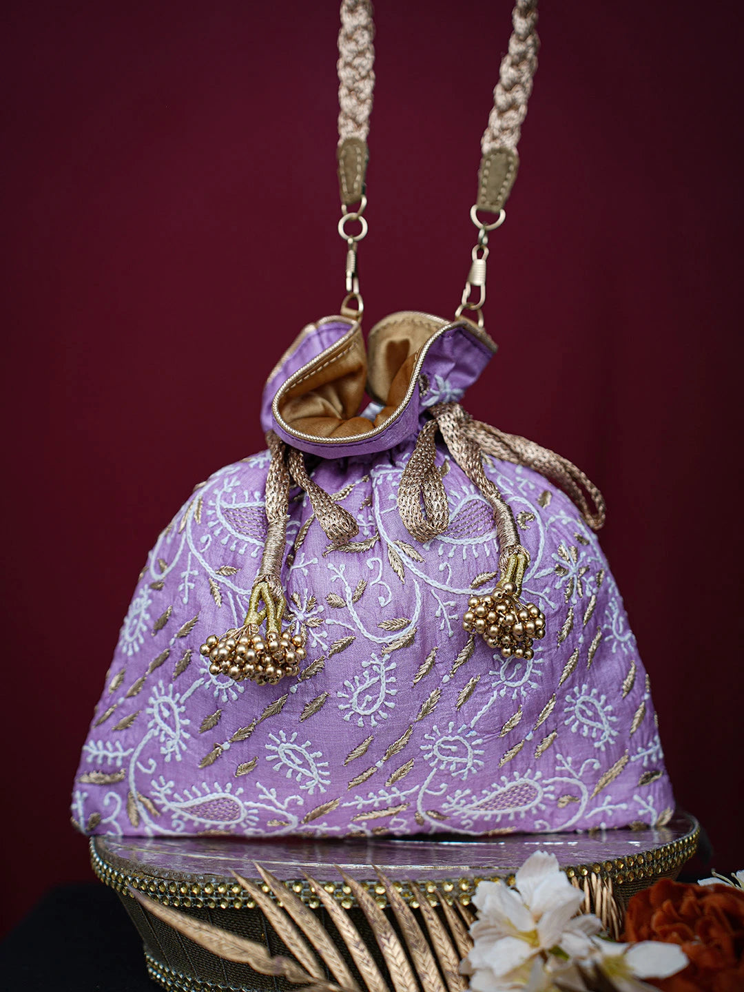 Ada Hand Embroidered Lavender Silk Lucknowi Chikankari Potli Bag With Zari Work 01A718941