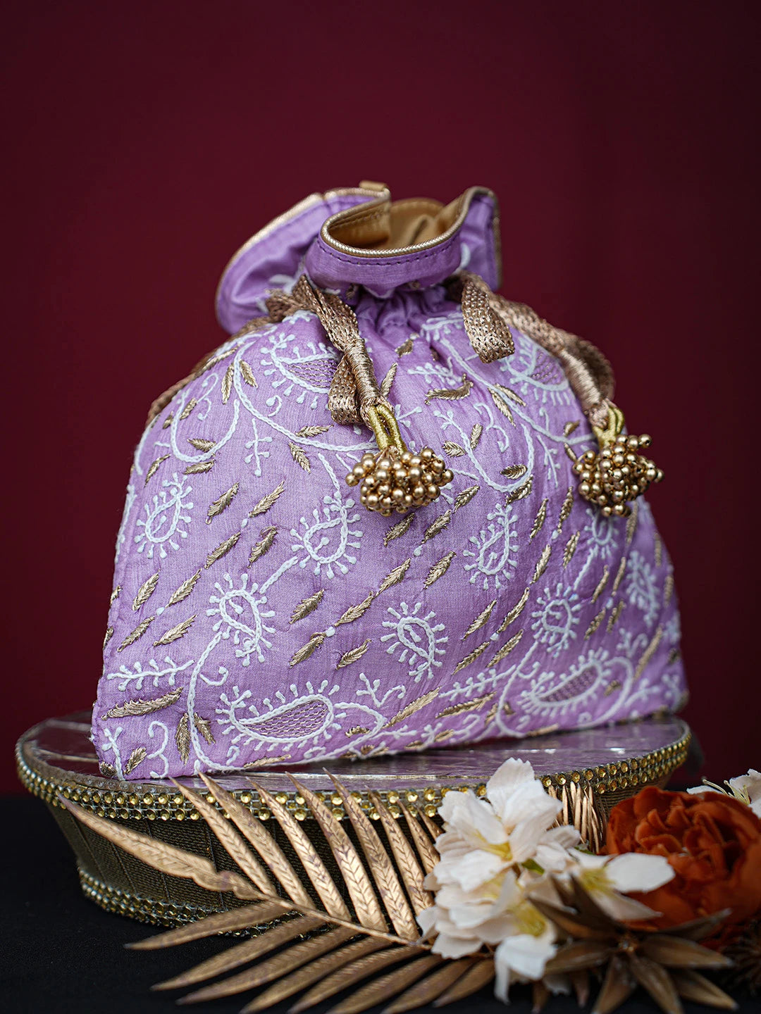 Ada Hand Embroidered Lavender Silk Lucknowi Chikankari Potli Bag With Zari Work 01A718941