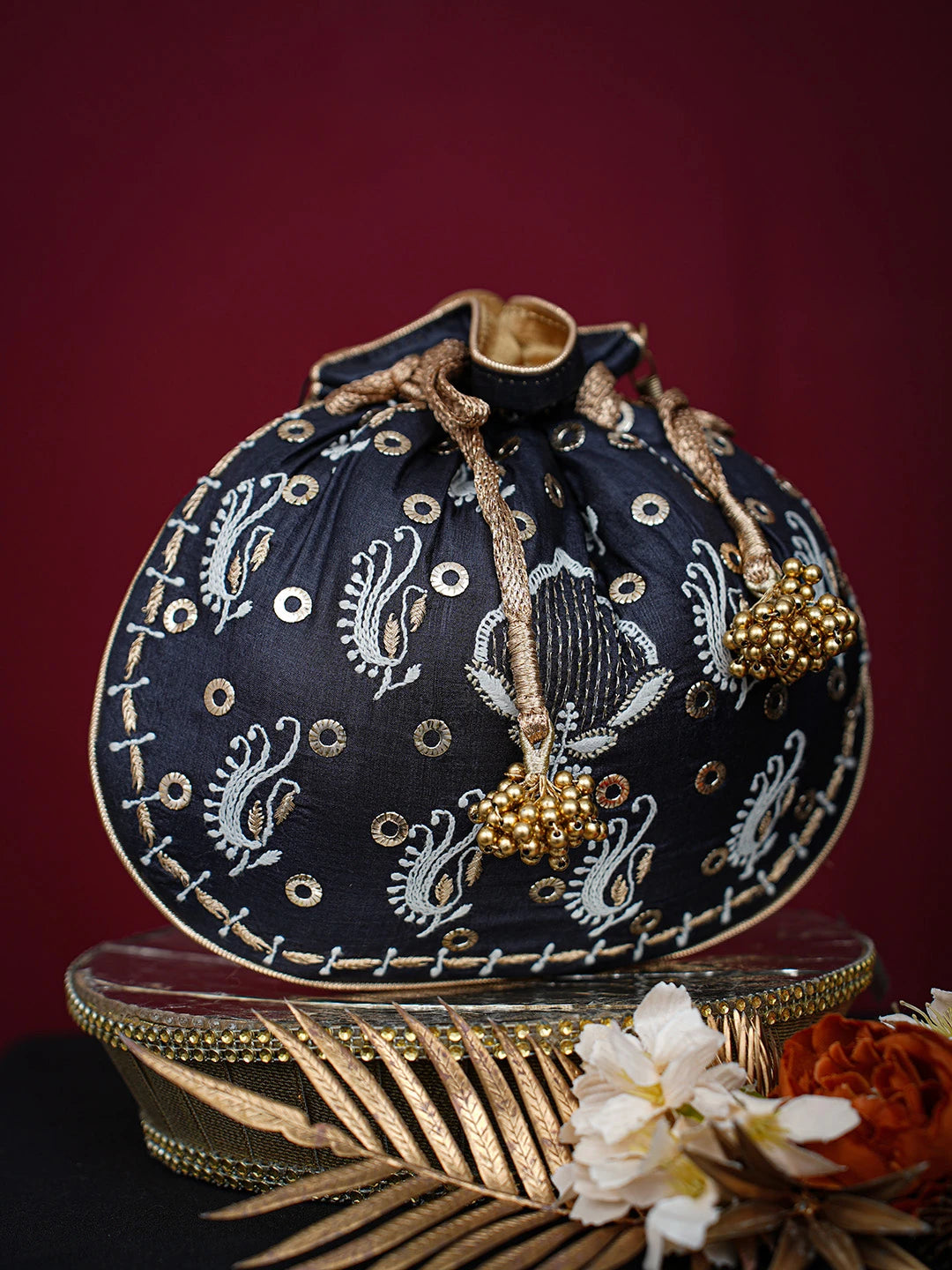 Ada Hand Embroidered Black Silk Lucknowi Chikankari Potli Bag With Mukaish Work 01A725570