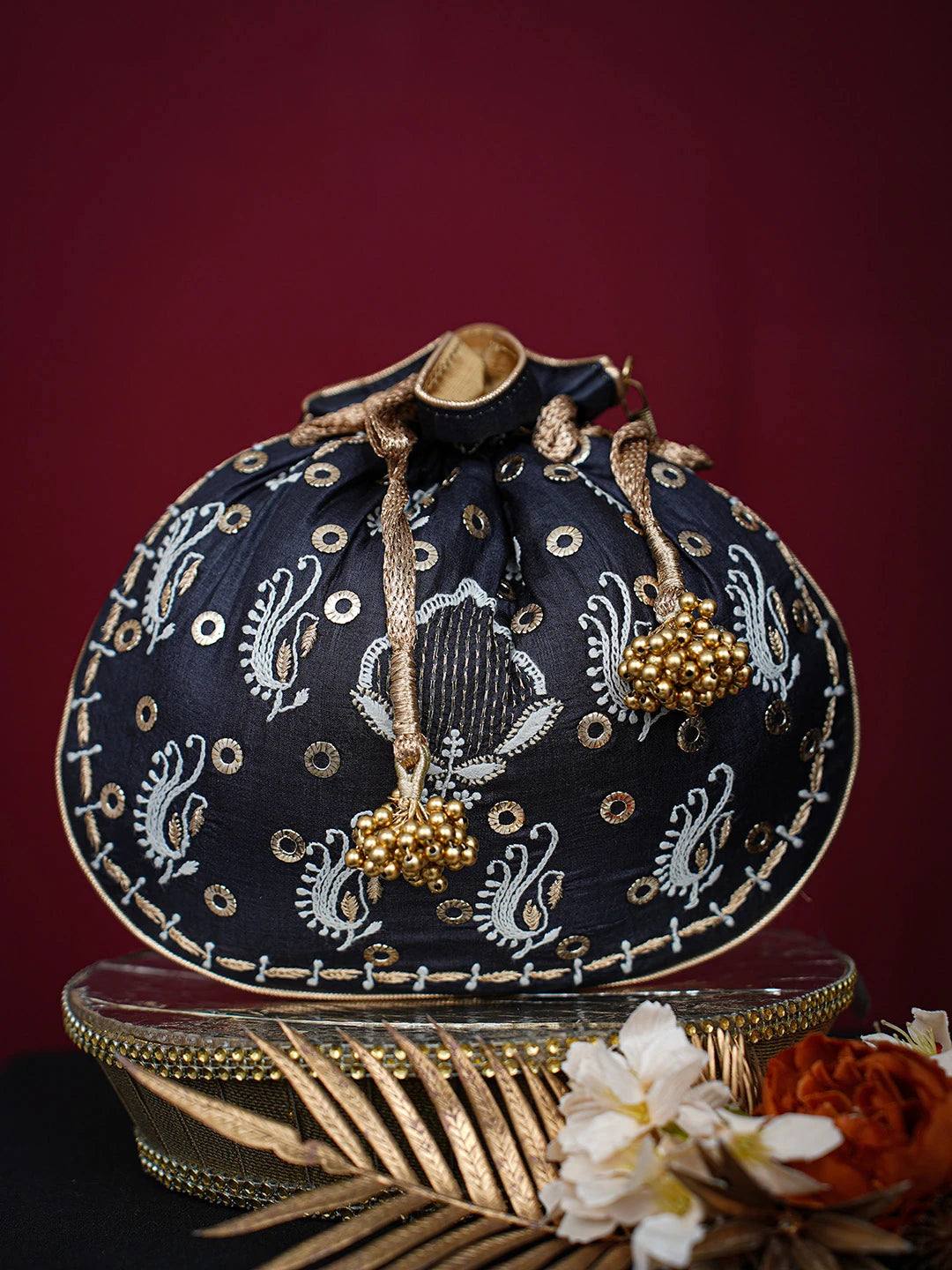 Ada Hand Embroidered Black Silk Lucknowi Chikankari Potli Bag With Mukaish Work 01A725570