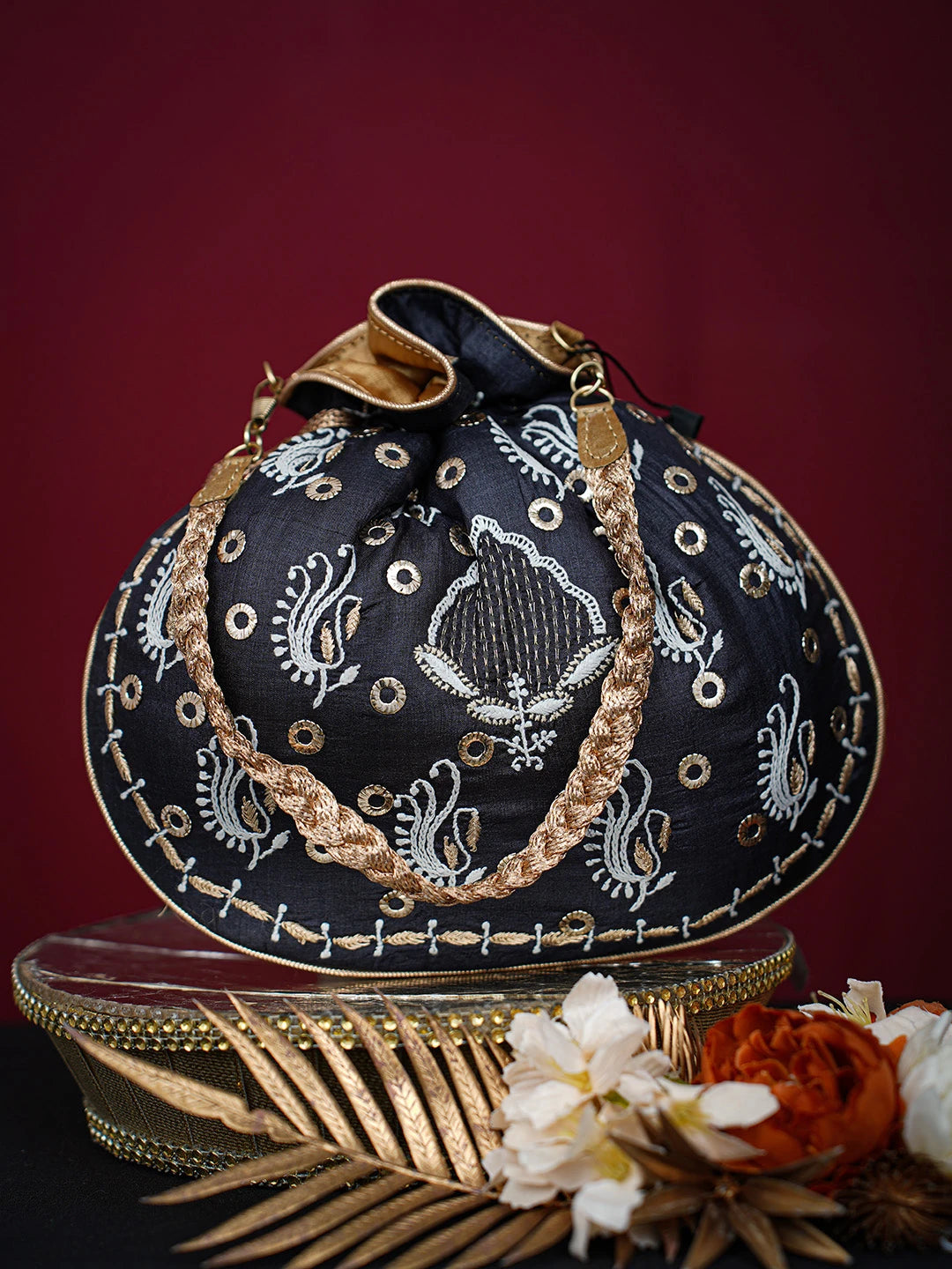 Ada Hand Embroidered Black Silk Lucknowi Chikankari Potli Bag With Mukaish Work 01A725570