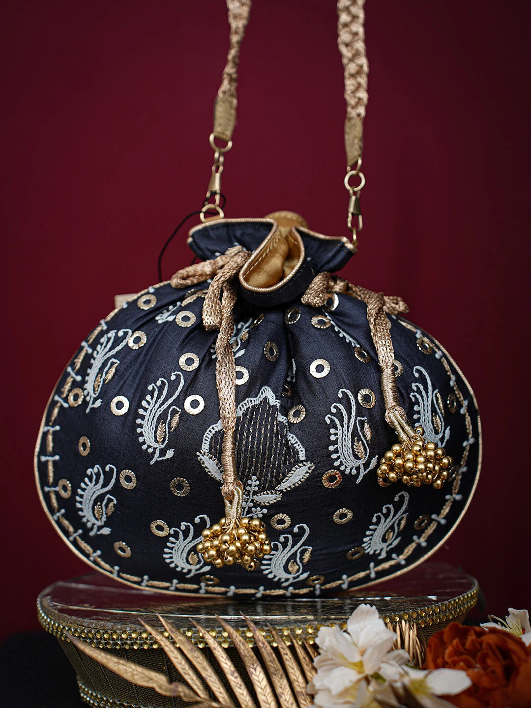 Ada Hand Embroidered Black Silk Lucknowi Chikankari Potli Bag With Mukaish Work 01A725570