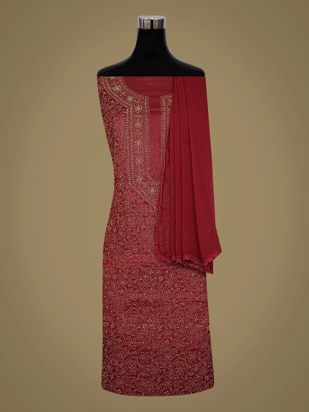 Ada Hand Embroidered Maroon Silk Lucknowi Chikankari Unstitched Suit Piece 01A702852