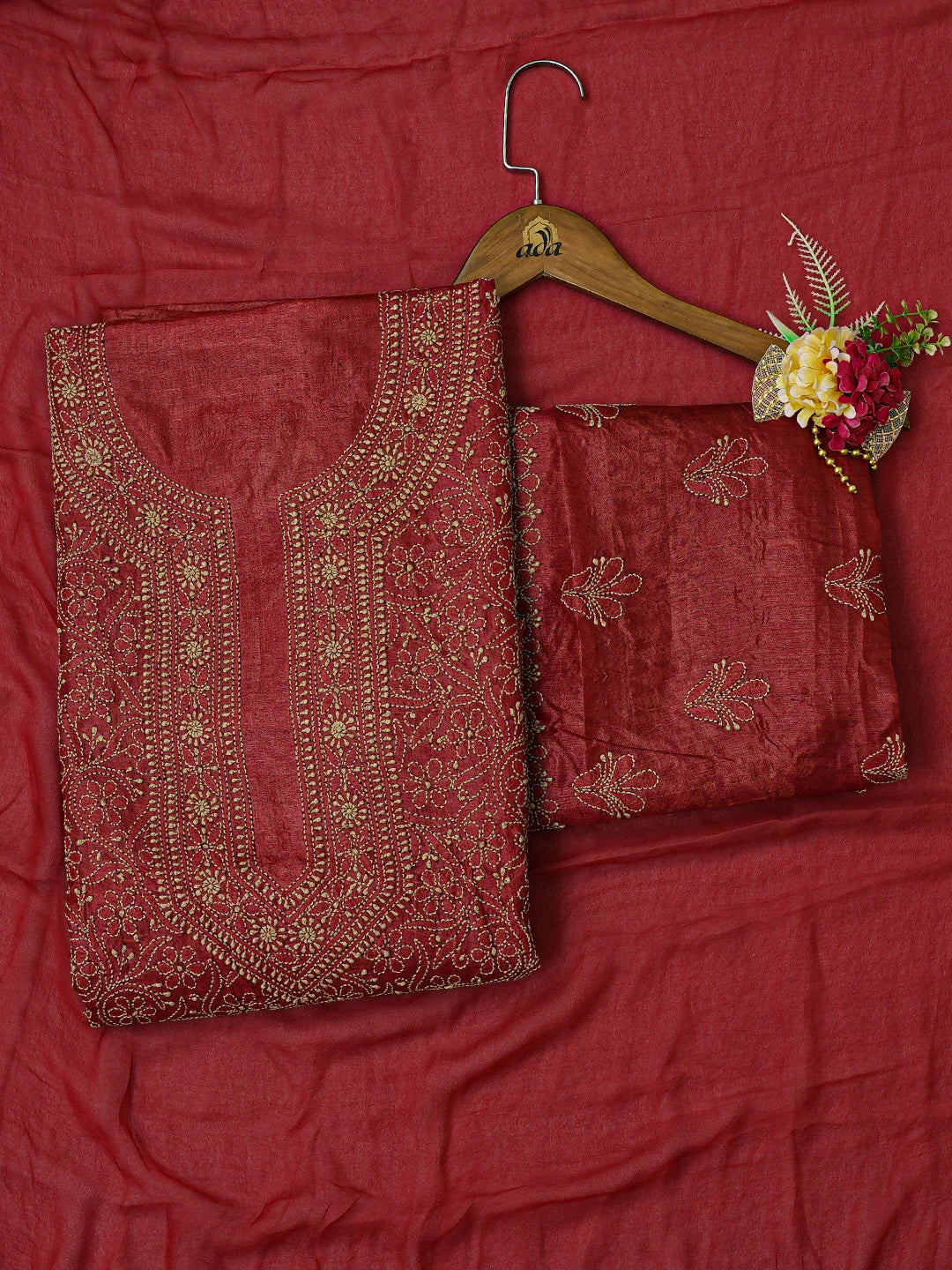 Ada Hand Embroidered Maroon Silk Lucknowi Chikankari Unstitched Suit Piece 01A702852