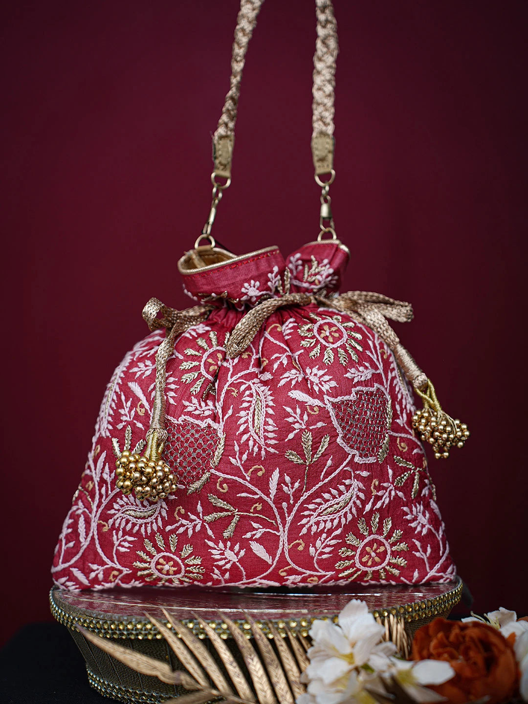Ada Hand Embroidered Red Silk Lucknowi Chikankari Potli Bag With Zari Work 01A725567