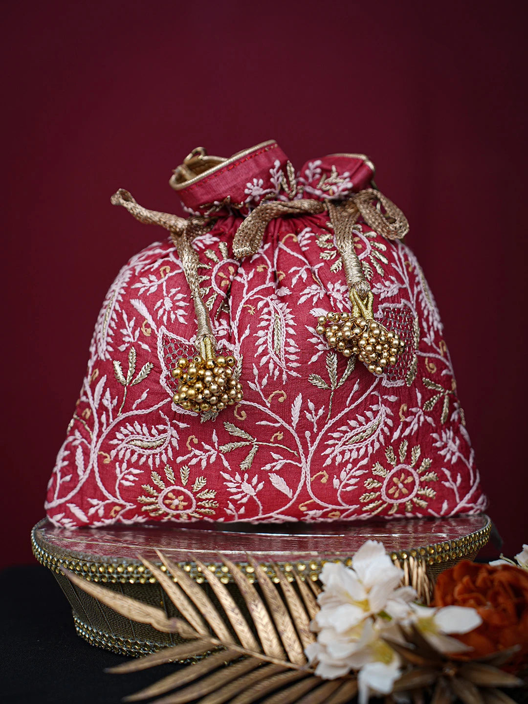 Ada Hand Embroidered Red Silk Lucknowi Chikankari Potli Bag With Zari Work 01A725567