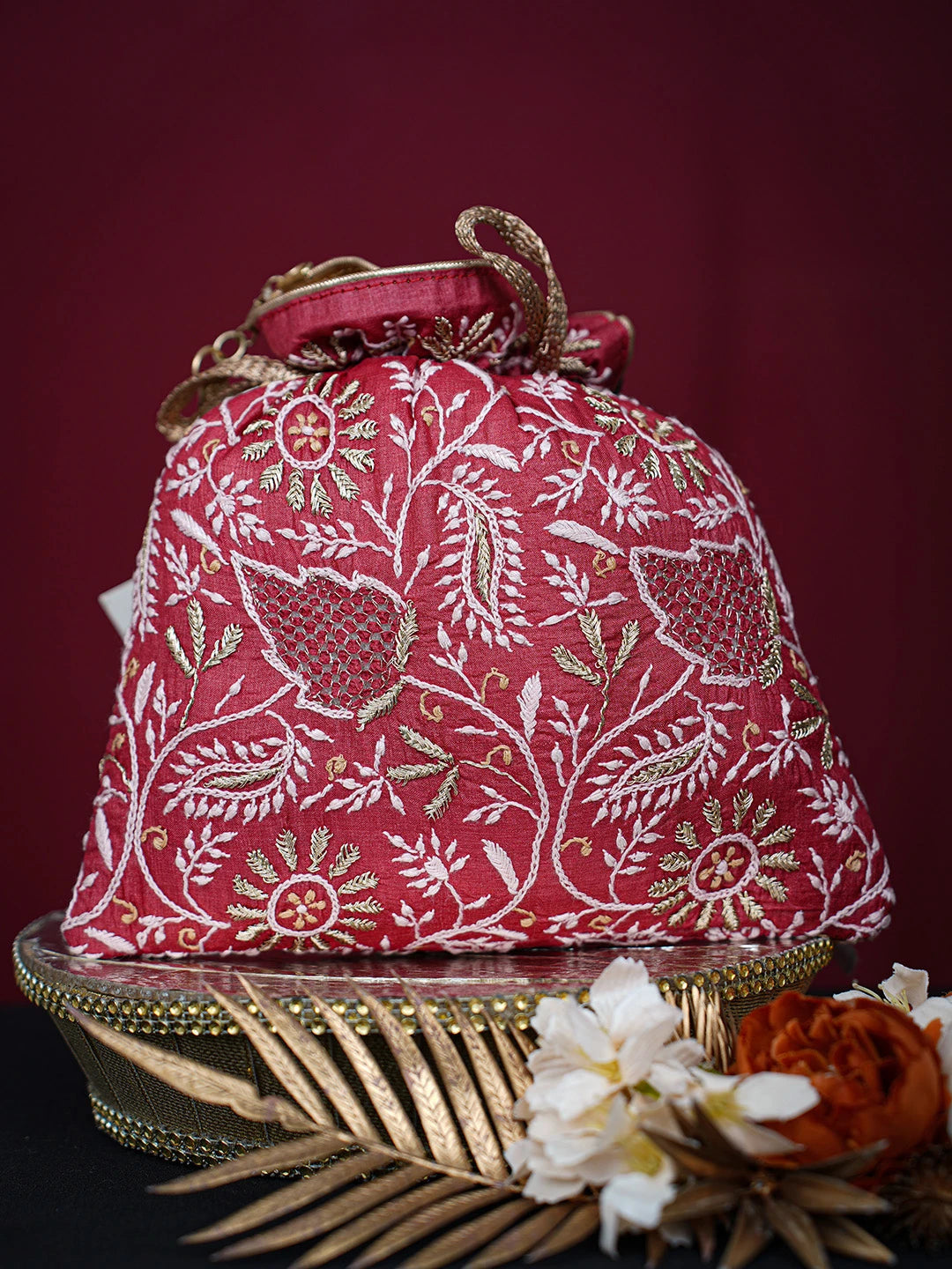 Ada Hand Embroidered Red Silk Lucknowi Chikankari Potli Bag With Zari Work 01A725567