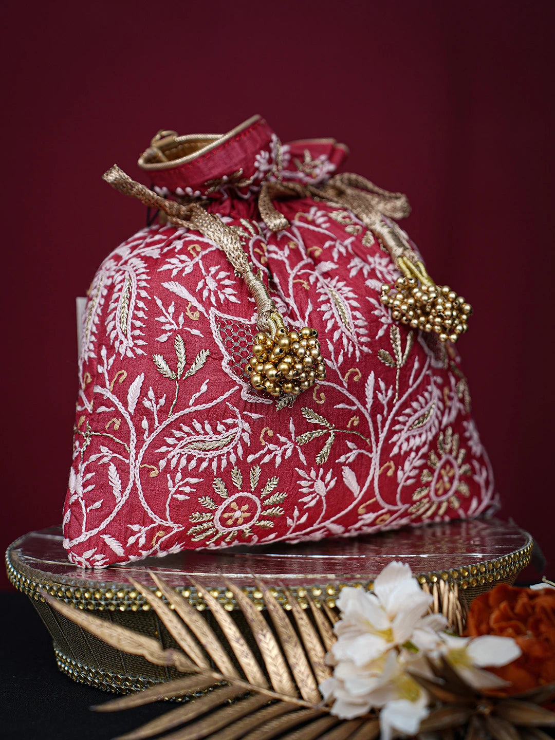 Ada Hand Embroidered Red Silk Lucknowi Chikankari Potli Bag With Zari Work 01A725567