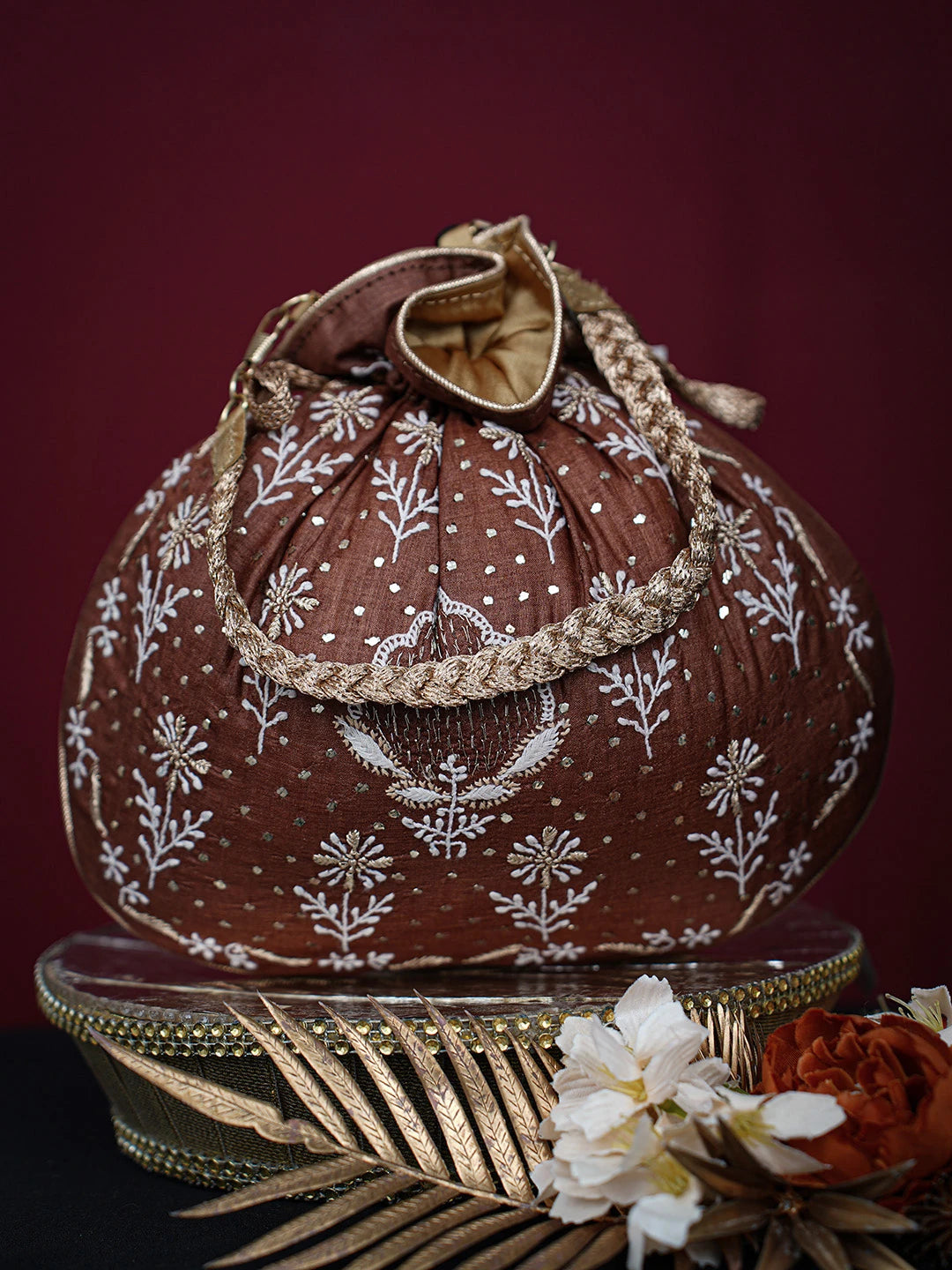 Ada Hand Embroidered Brown Silk Lucknowi Chikankari Potli Bag With Muqaish Work 01A725583