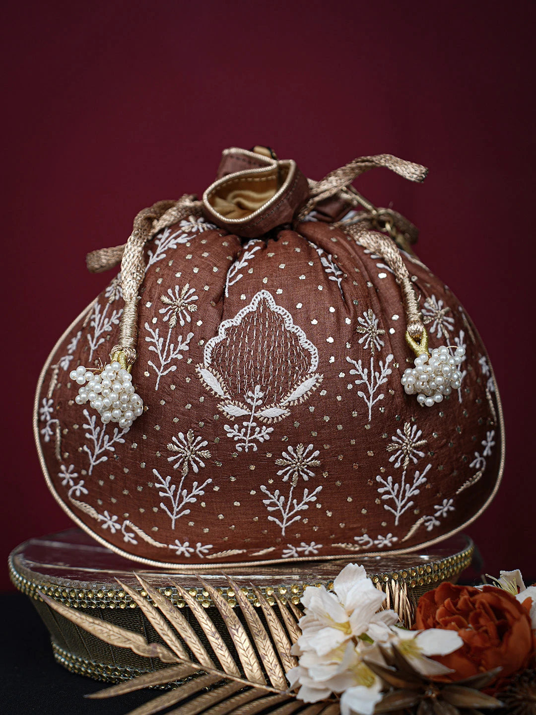Ada Hand Embroidered Brown Silk Lucknowi Chikankari Potli Bag With Muqaish Work 01A725583