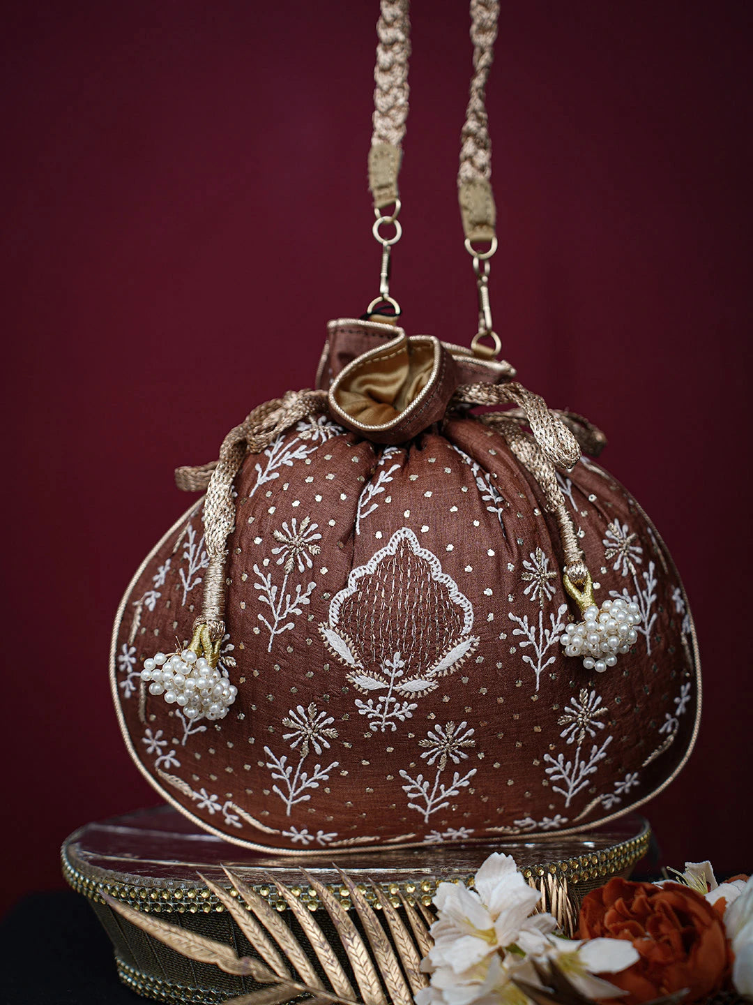 Ada Hand Embroidered Brown Silk Lucknowi Chikankari Potli Bag With Muqaish Work 01A725583