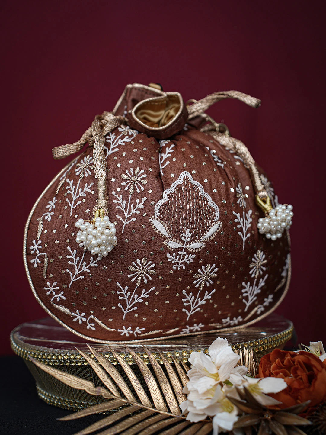 Ada Hand Embroidered Brown Silk Lucknowi Chikankari Potli Bag With Muqaish Work 01A725583