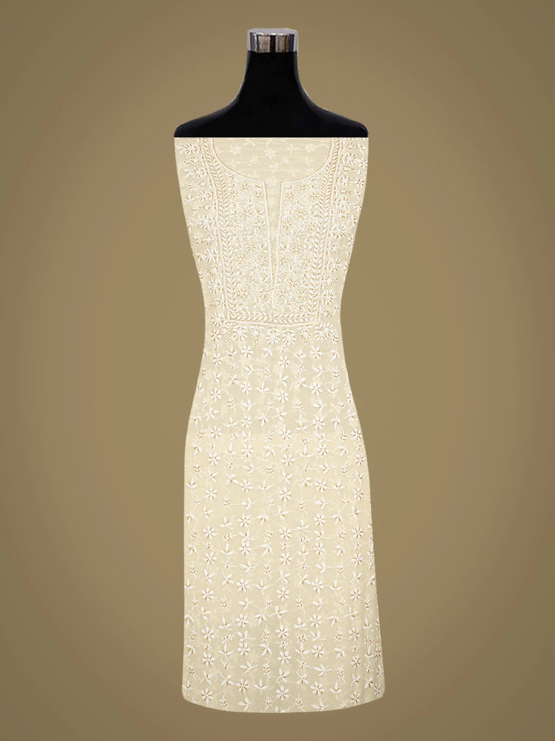 Ada Hand Embroidered Fawn Pure Georgette Lucknowi Chikankari Unstitched Kurta Dupatta Set With Cutdana Work 01A604533
