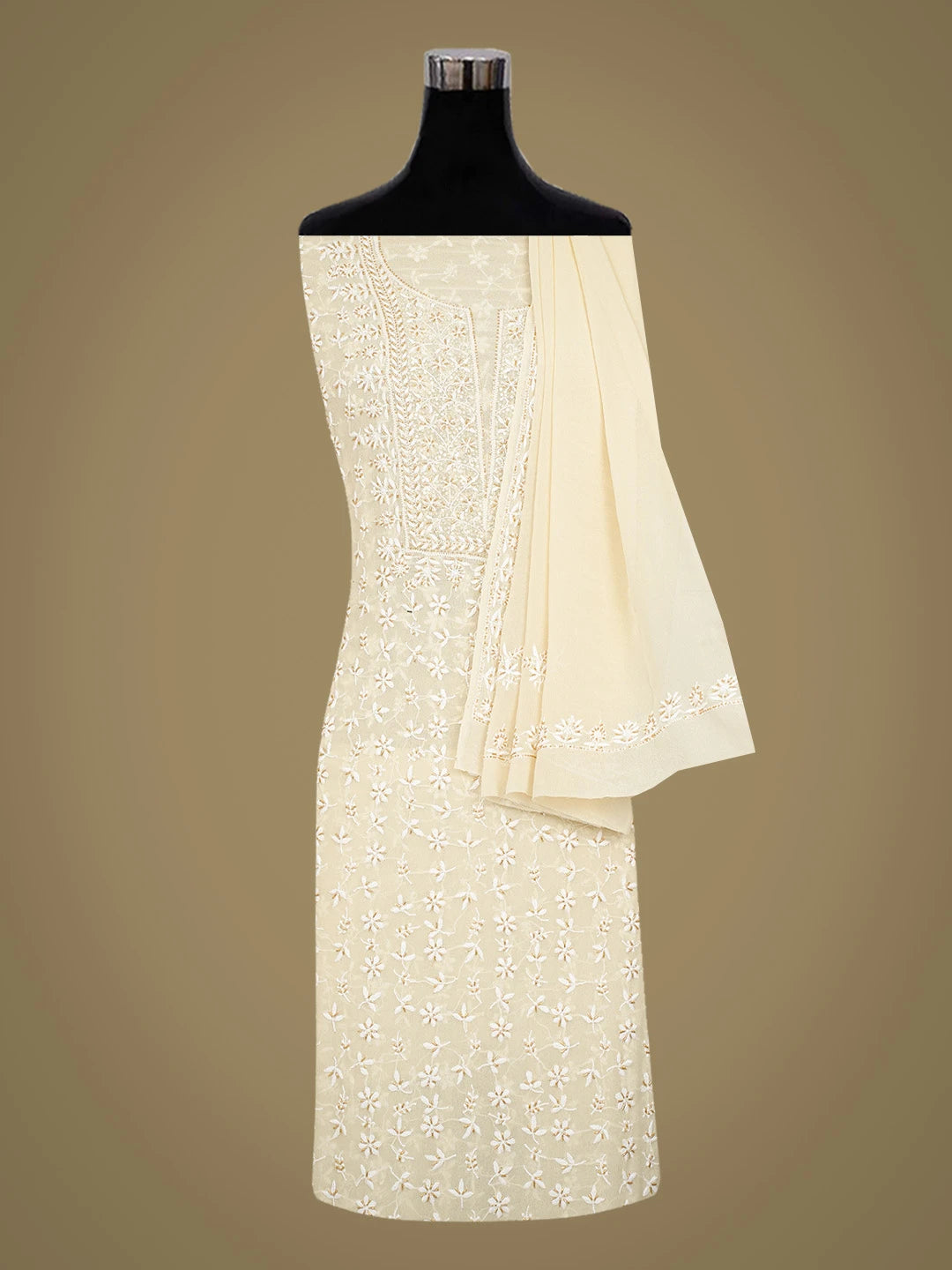 Ada Hand Embroidered Fawn Pure Georgette Lucknowi Chikankari Unstitched Kurta Dupatta Set With Cutdana Work 01A604533