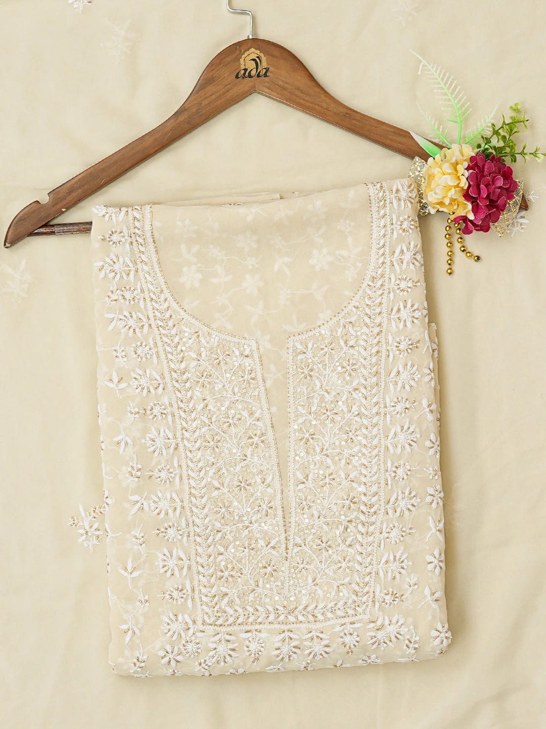 Ada Hand Embroidered Fawn Pure Georgette Lucknowi Chikankari Unstitched Kurta Dupatta Set With Cutdana Work 01A604533