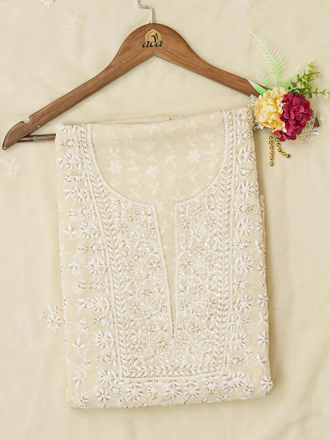 Ada Hand Embroidered Fawn Pure Georgette Lucknowi Chikankari Unstitched Kurta Dupatta Set With Cutdana Work 01A604533