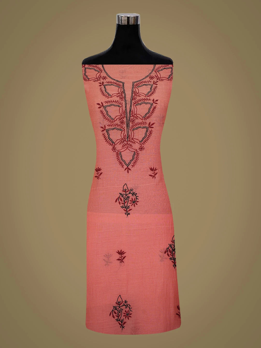 Ada Hand Embroidered Carrot Pink Chanderi Lucknowi Chikankari Unstitched Kurta Dupatta Set 01A639198