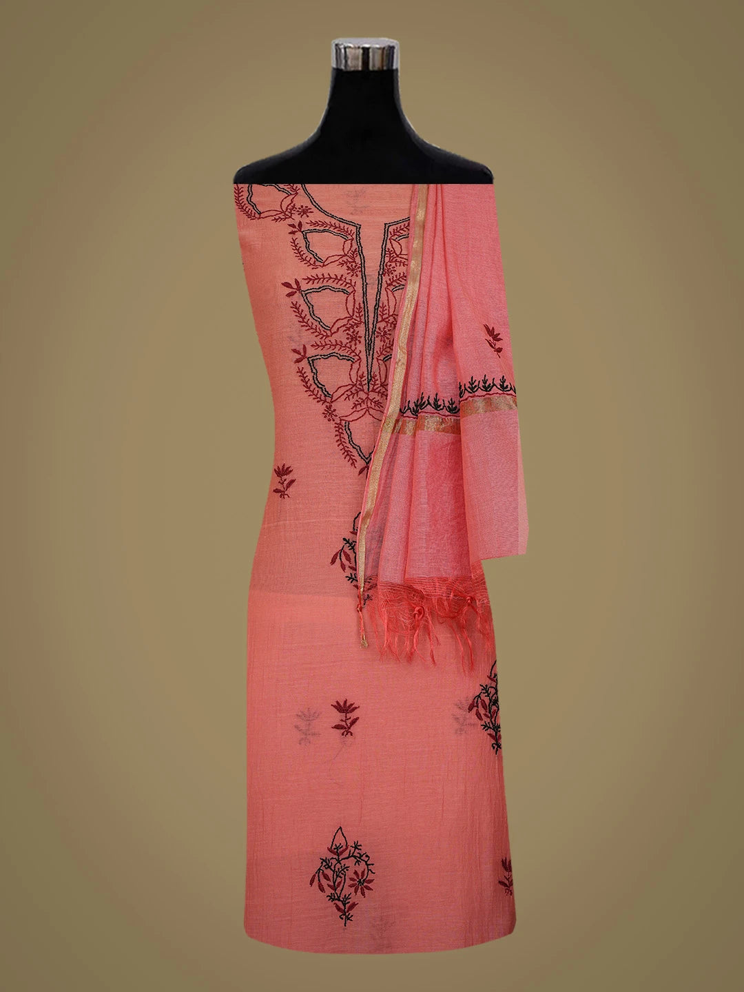 Ada Hand Embroidered Carrot Pink Chanderi Lucknowi Chikankari Unstitched Kurta Dupatta Set 01A639198