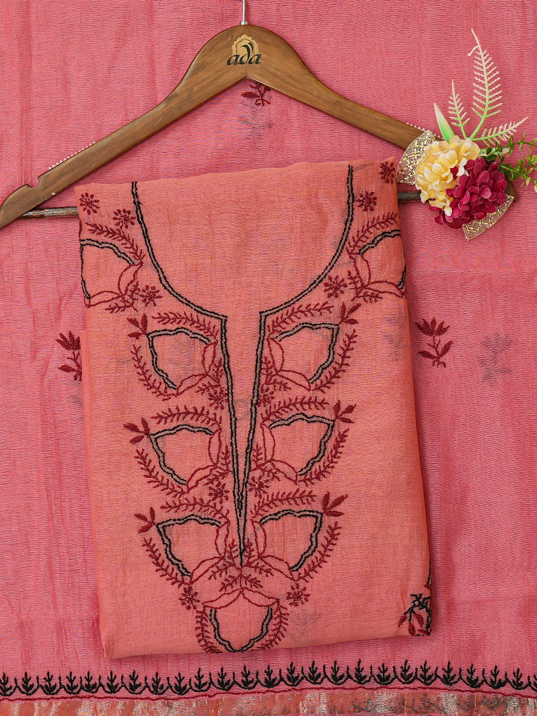 Ada Hand Embroidered Carrot Pink Chanderi Lucknowi Chikankari Unstitched Kurta Dupatta Set 01A639198