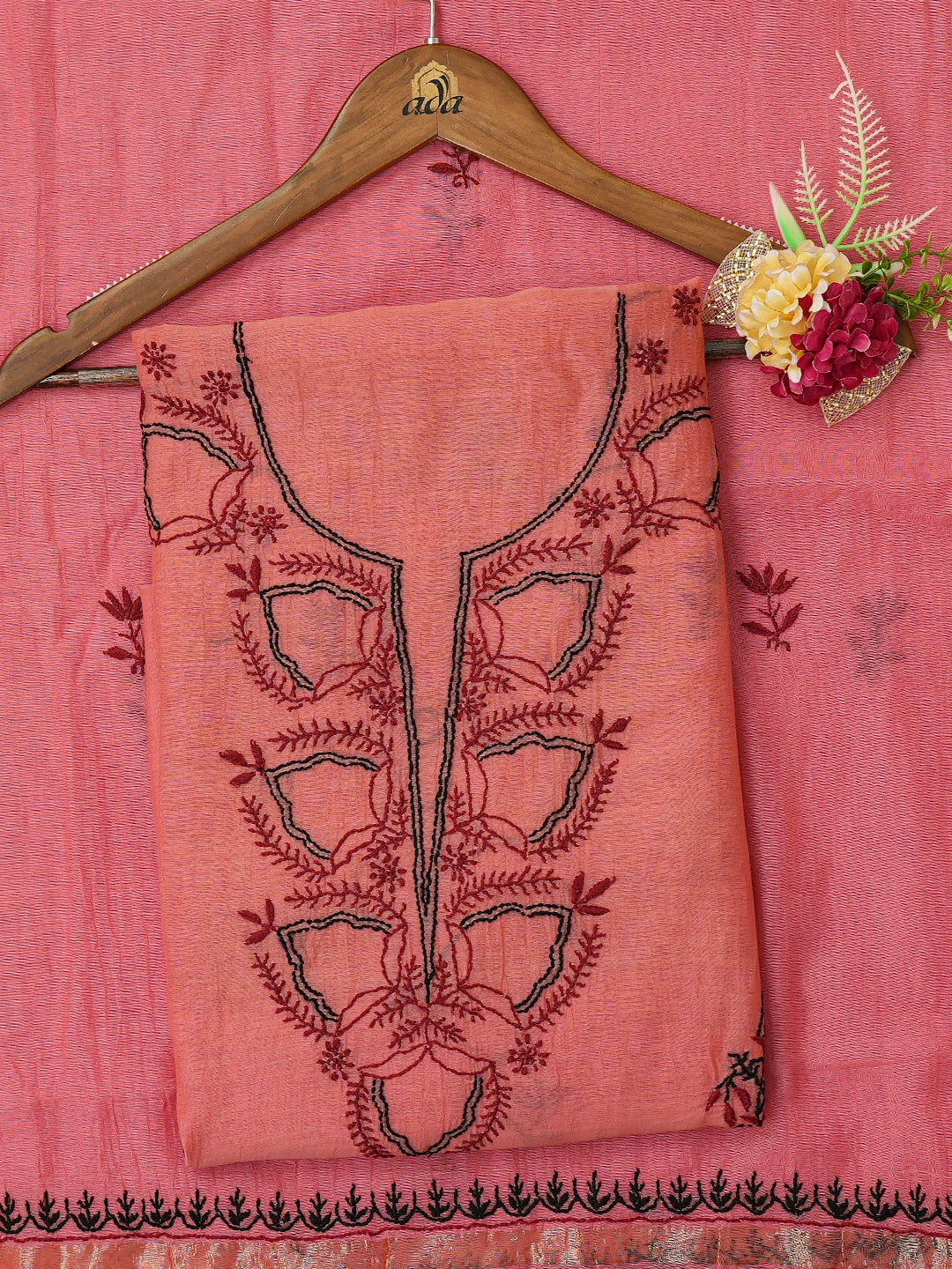 Ada Hand Embroidered Carrot Pink Chanderi Lucknowi Chikankari Unstitched Kurta Dupatta Set 01A639198