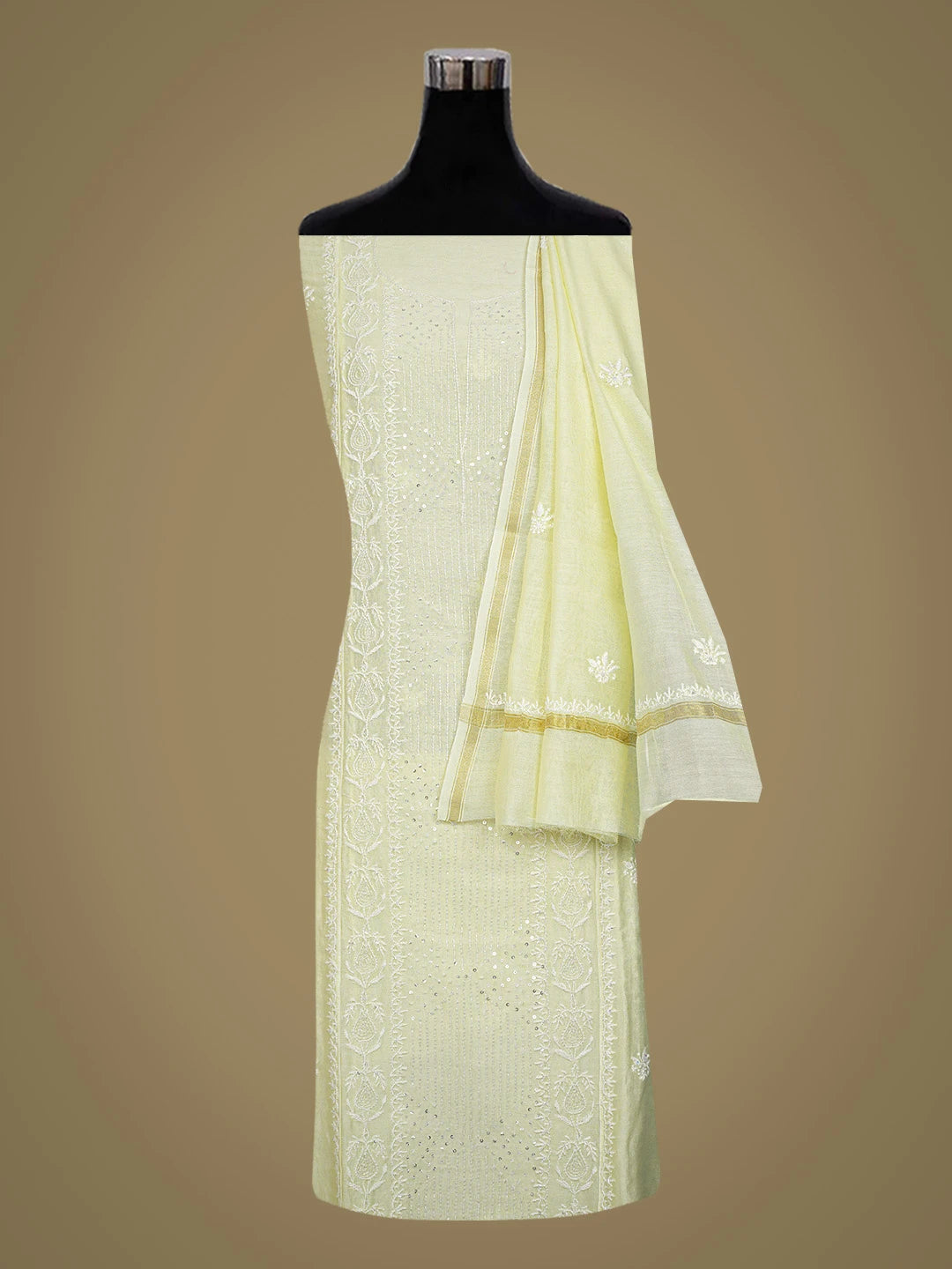 Ada Hand Embroidered Lemon Yellow Chanderi Lucknowi Chikankari Semi-Stitched Kurta Dupatta Set With Cutdana Work 01A361716