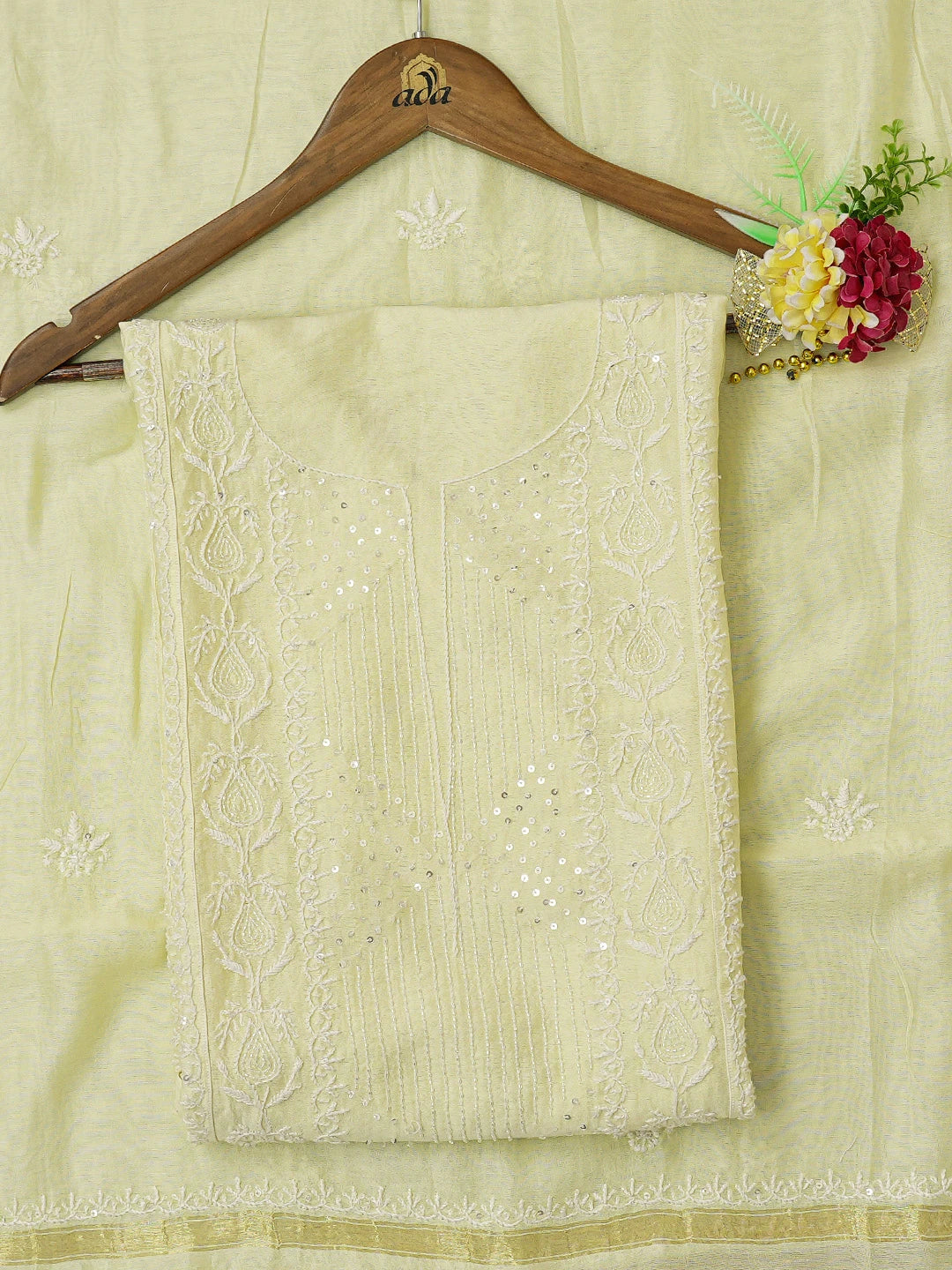 Ada Hand Embroidered Lemon Yellow Chanderi Lucknowi Chikankari Semi-Stitched Kurta Dupatta Set With Cutdana Work 01A361716