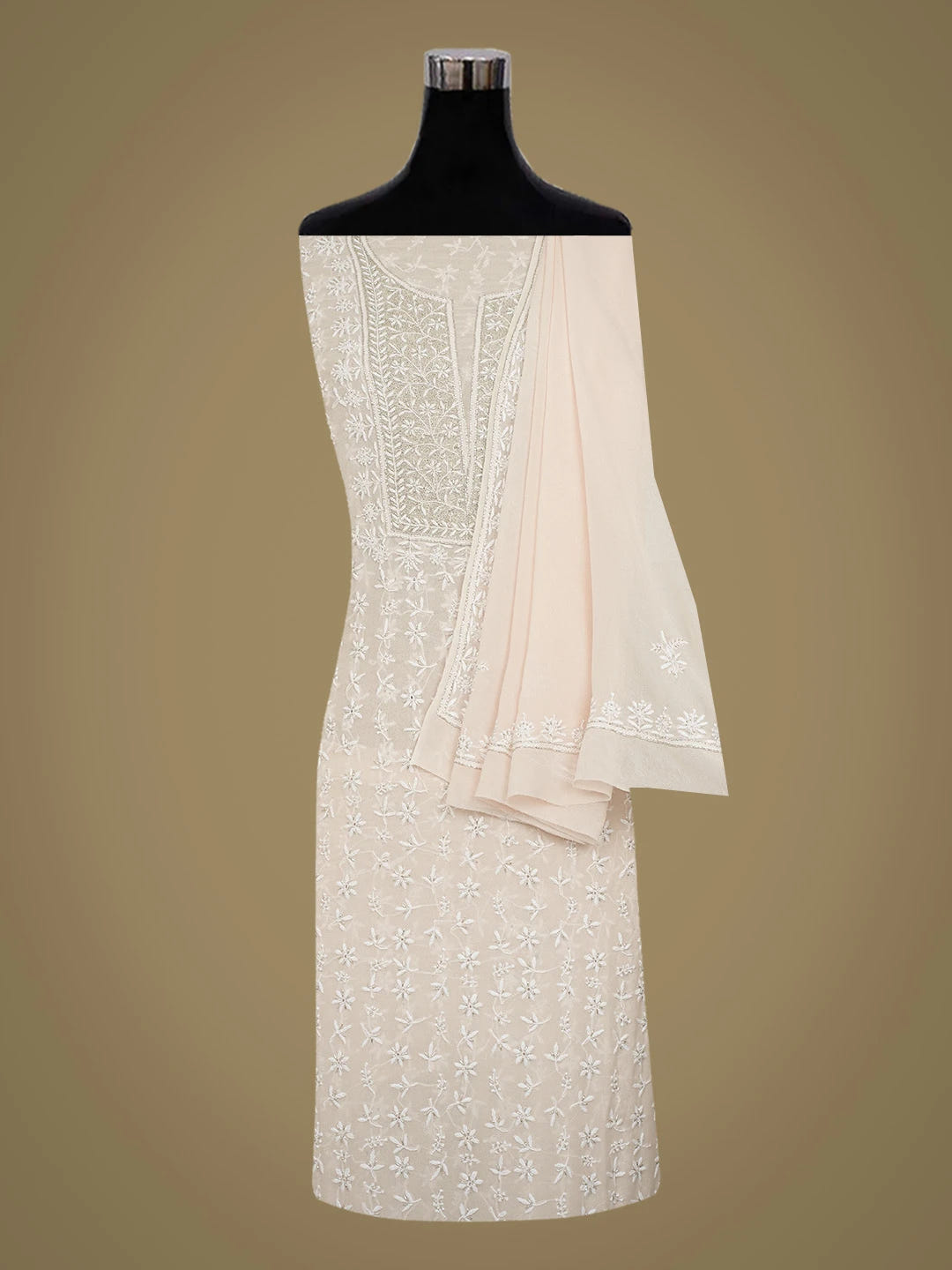 Ada Hand Embroidered Peach Pure Georgette Lucknowi Chikankari Unstitched Kurta Dupatta Set With Cutdana Work 01A604532
