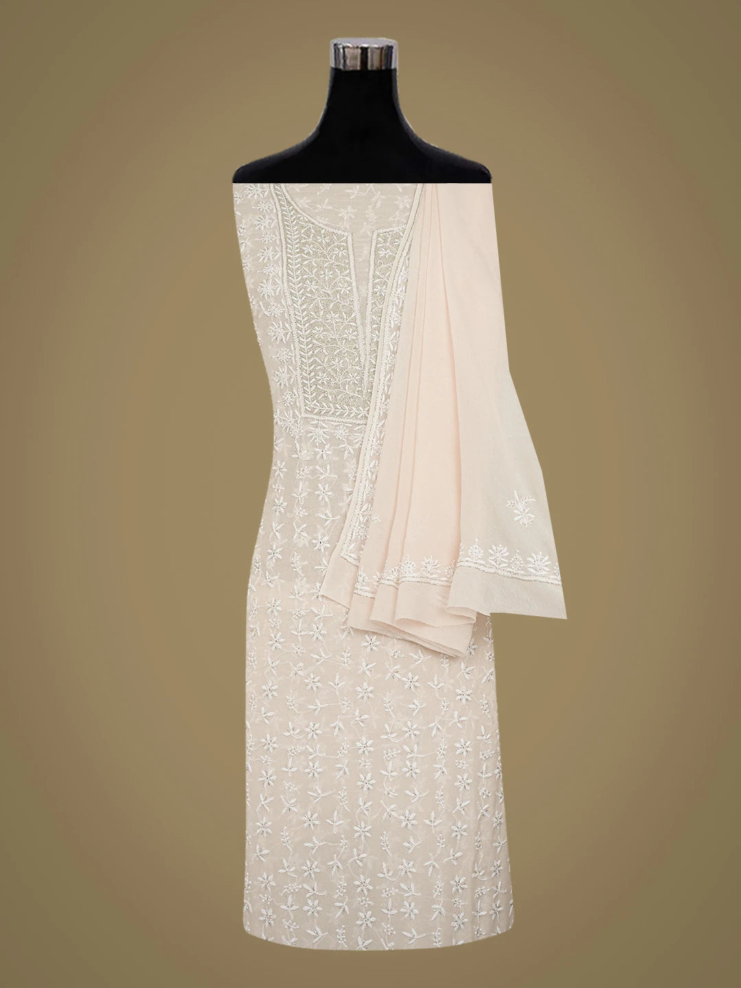 Ada Hand Embroidered Peach Pure Georgette Lucknowi Chikankari Unstitched Kurta Dupatta Set With Cutdana Work 01A604532