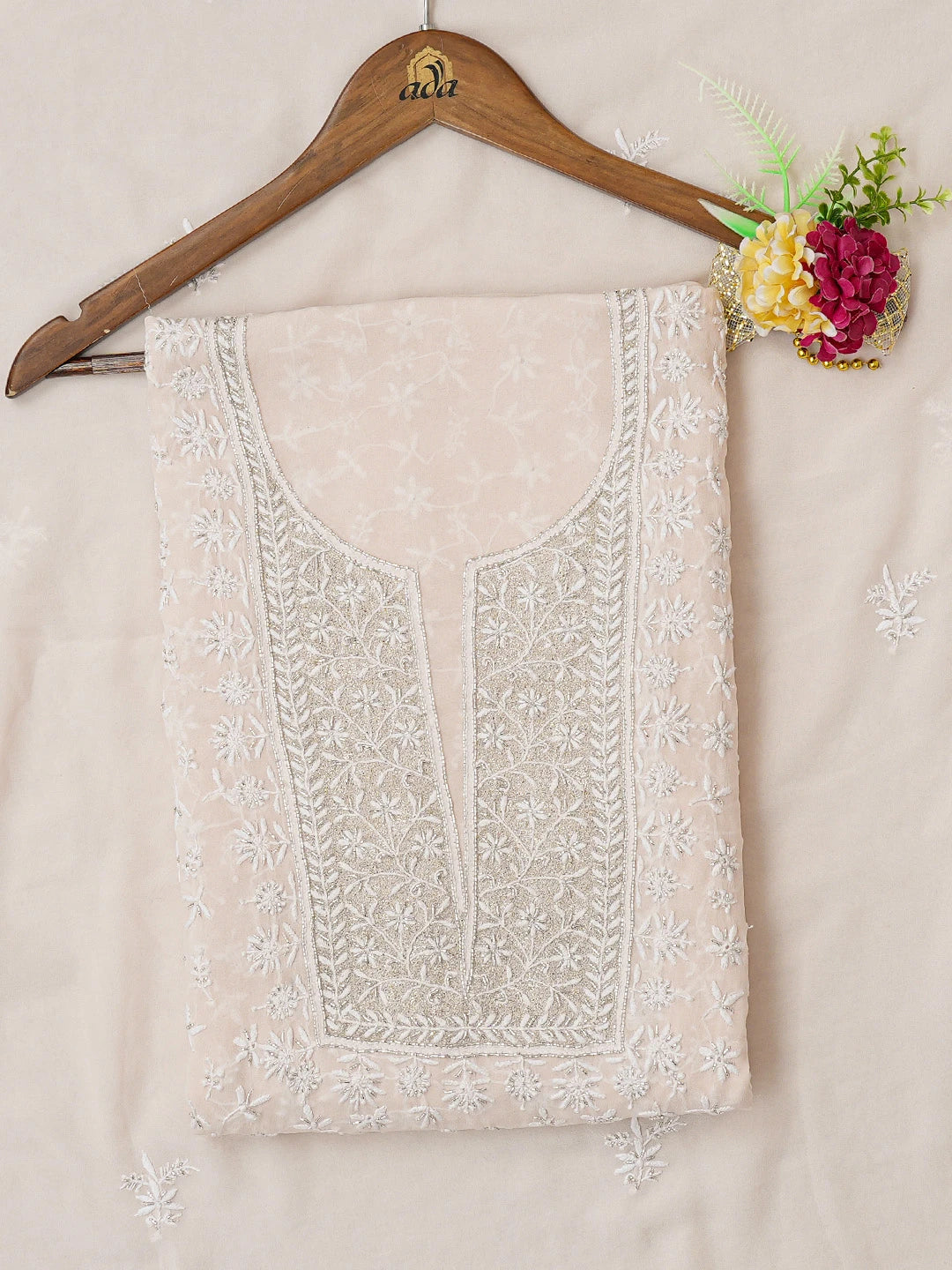 Ada Hand Embroidered Peach Pure Georgette Lucknowi Chikankari Unstitched Kurta Dupatta Set With Cutdana Work 01A604532