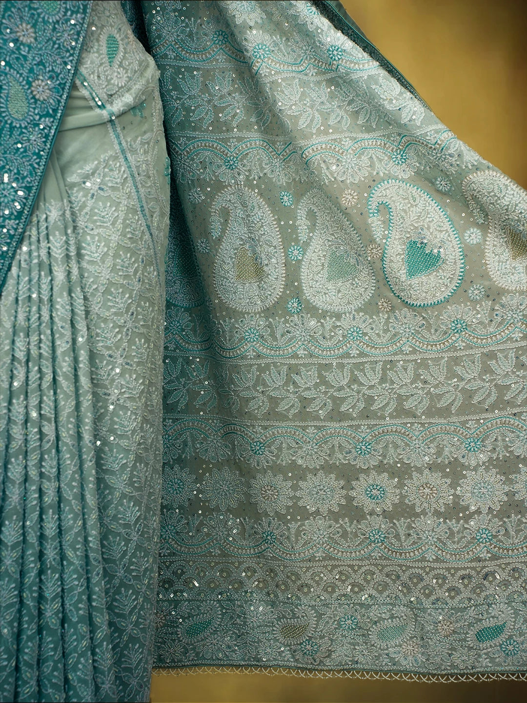 Ada Hand Embroidered Ombre Shade of Baby Blue  & Moonstone Blue Pure Georgette Lucknowi Chikankari Saree With Blouse And Cutdana Work 01A559029
