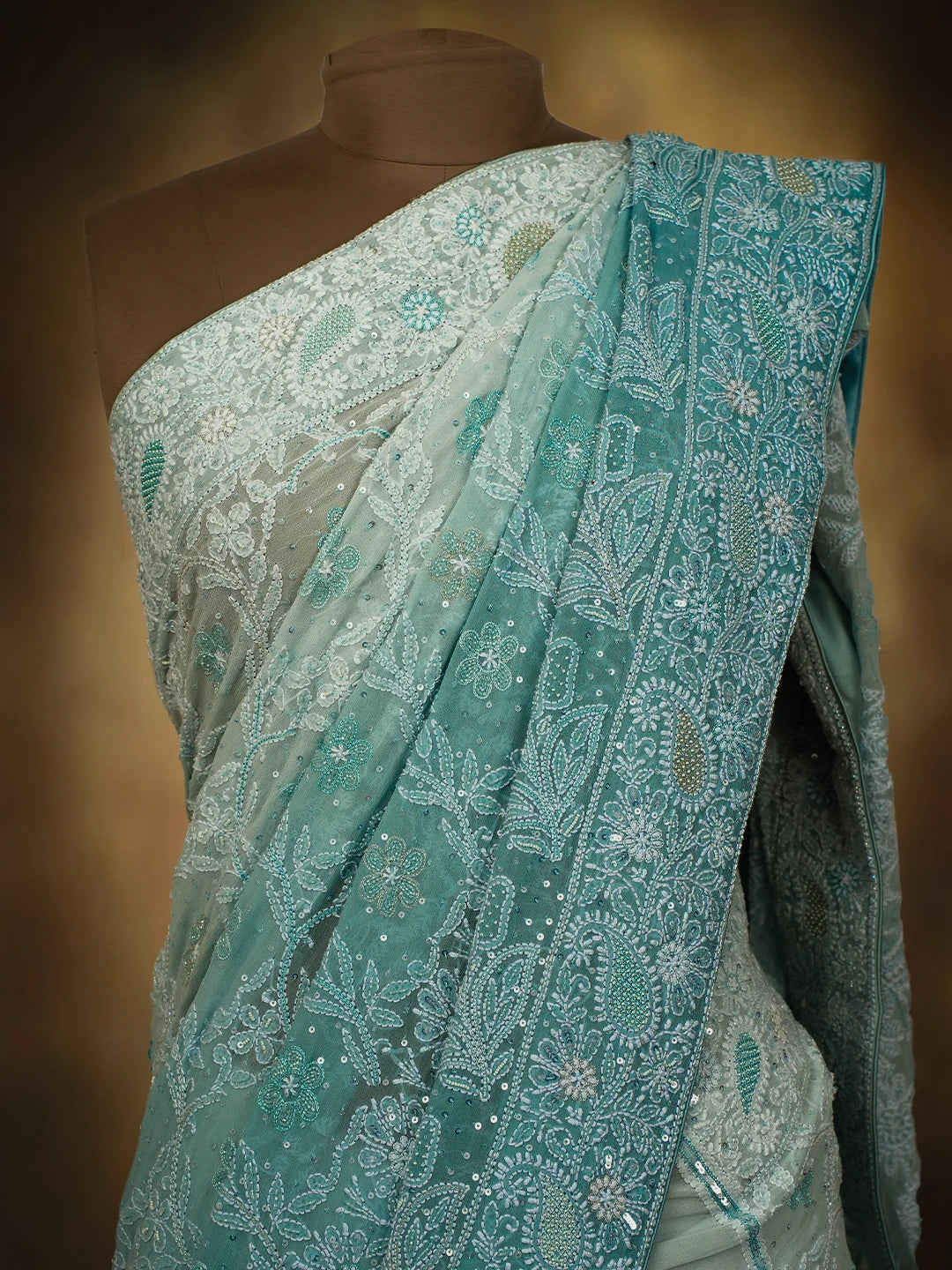 Ada Hand Embroidered Ombre Shade of Baby Blue  & Moonstone Blue Pure Georgette Lucknowi Chikankari Saree With Blouse And Cutdana Work 01A559029