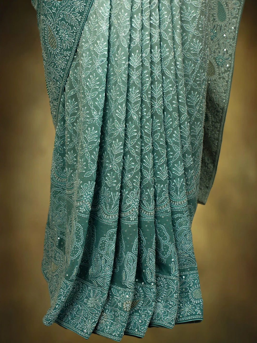 Ada Hand Embroidered Ombre Shade of Baby Blue  & Moonstone Blue Pure Georgette Lucknowi Chikankari Saree With Blouse And Cutdana Work 01A559029
