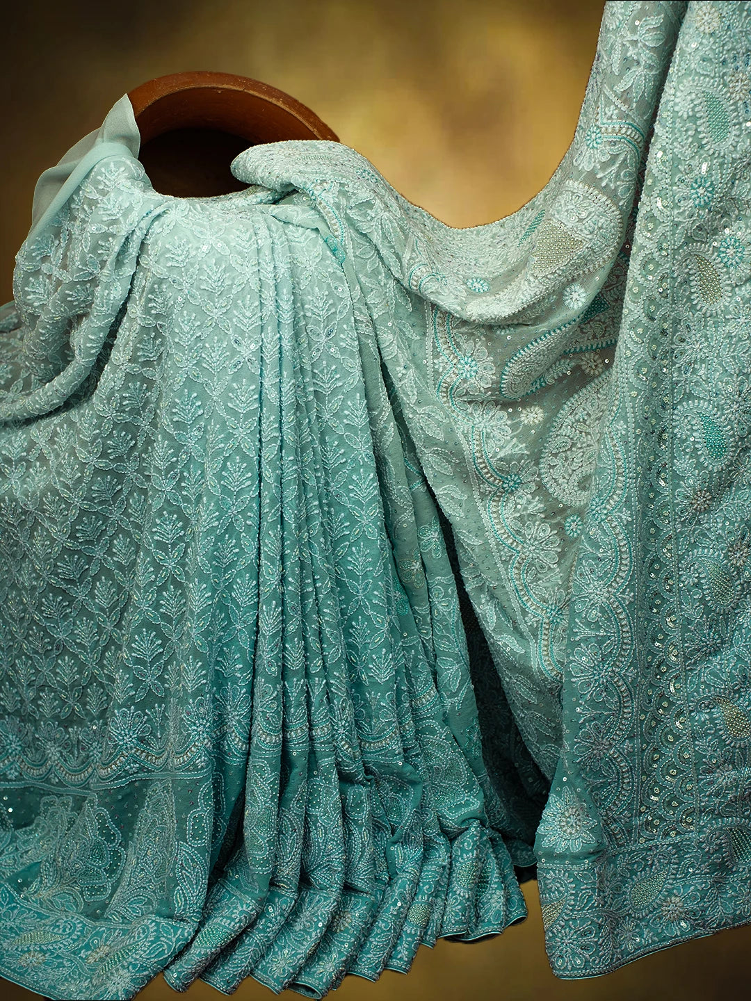 Ada Hand Embroidered Ombre Shade of Baby Blue  & Moonstone Blue Pure Georgette Lucknowi Chikankari Saree With Blouse And Cutdana Work 01A559029