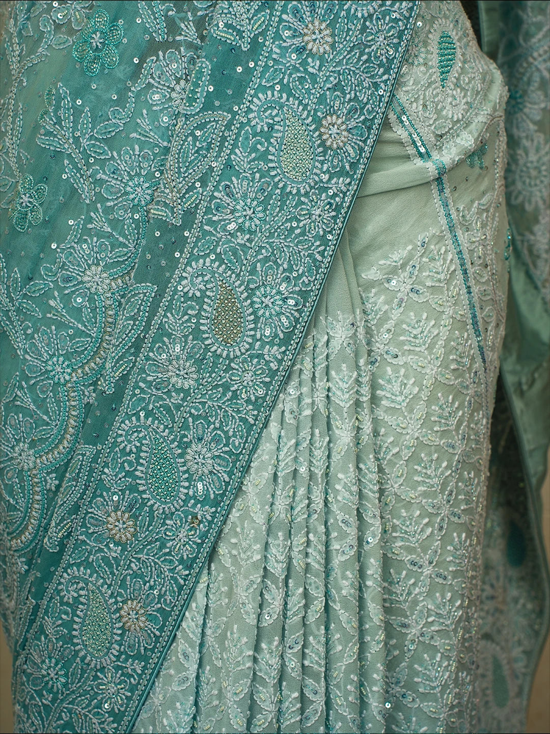 Ada Hand Embroidered Ombre Shade of Baby Blue  & Moonstone Blue Pure Georgette Lucknowi Chikankari Saree With Blouse And Cutdana Work 01A559029