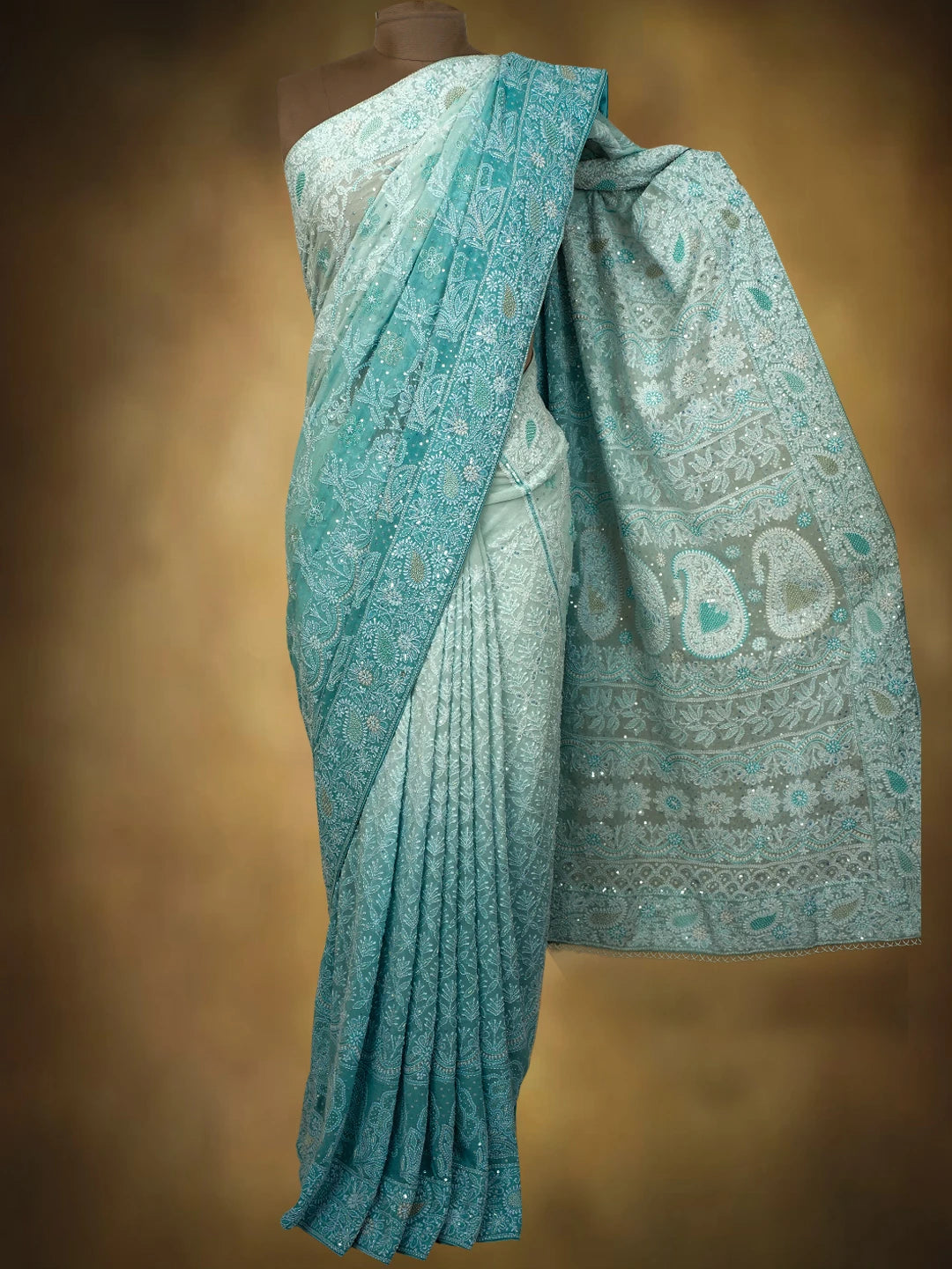 Ada Hand Embroidered Ombre Shade of Baby Blue  & Moonstone Blue Pure Georgette Lucknowi Chikankari Saree With Blouse And Cutdana Work 01A559029