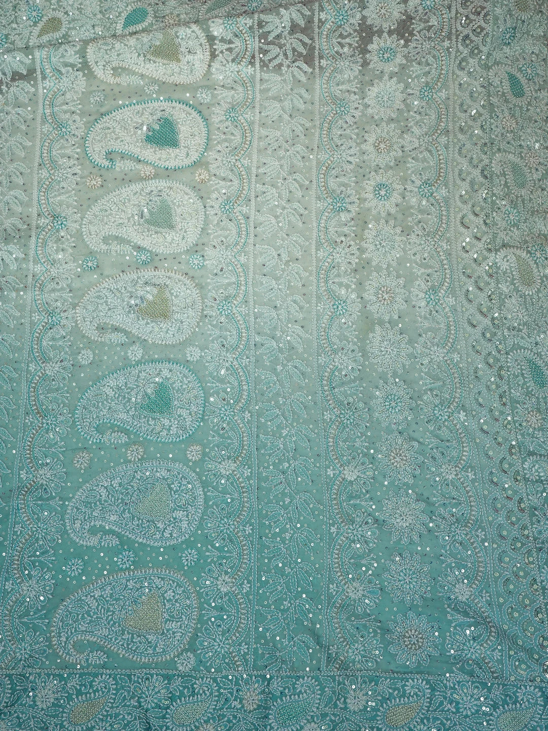Ada Hand Embroidered Ombre Shade of Baby Blue  & Moonstone Blue Pure Georgette Lucknowi Chikankari Saree With Blouse And Cutdana Work 01A559029