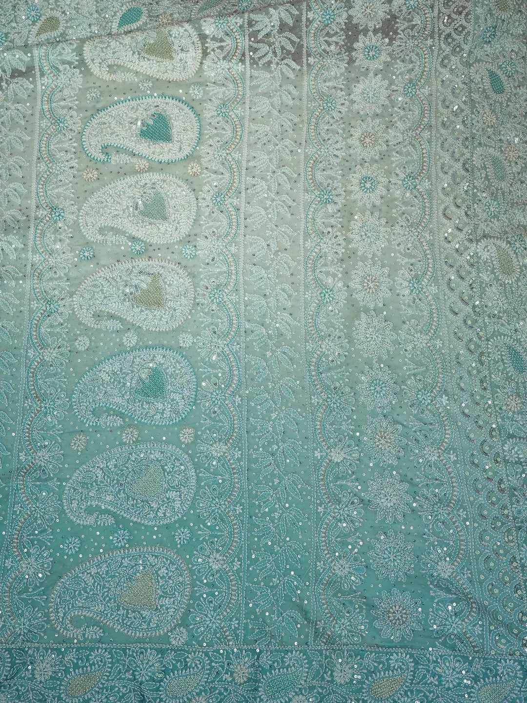 Ada Hand Embroidered Ombre Shade of Baby Blue  & Moonstone Blue Pure Georgette Lucknowi Chikankari Saree With Blouse And Cutdana Work 01A559029