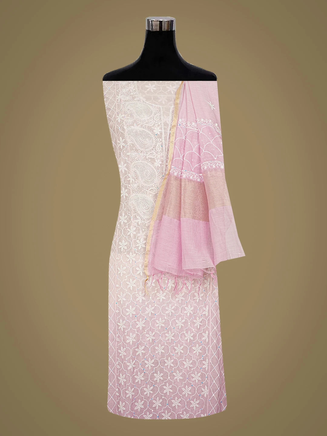 Ada Hand Embroidered Pink Chanderi Lucknowi Chikankari Semi-Stitched Kurta Dupatta Set With Cutdana Work 01A660721