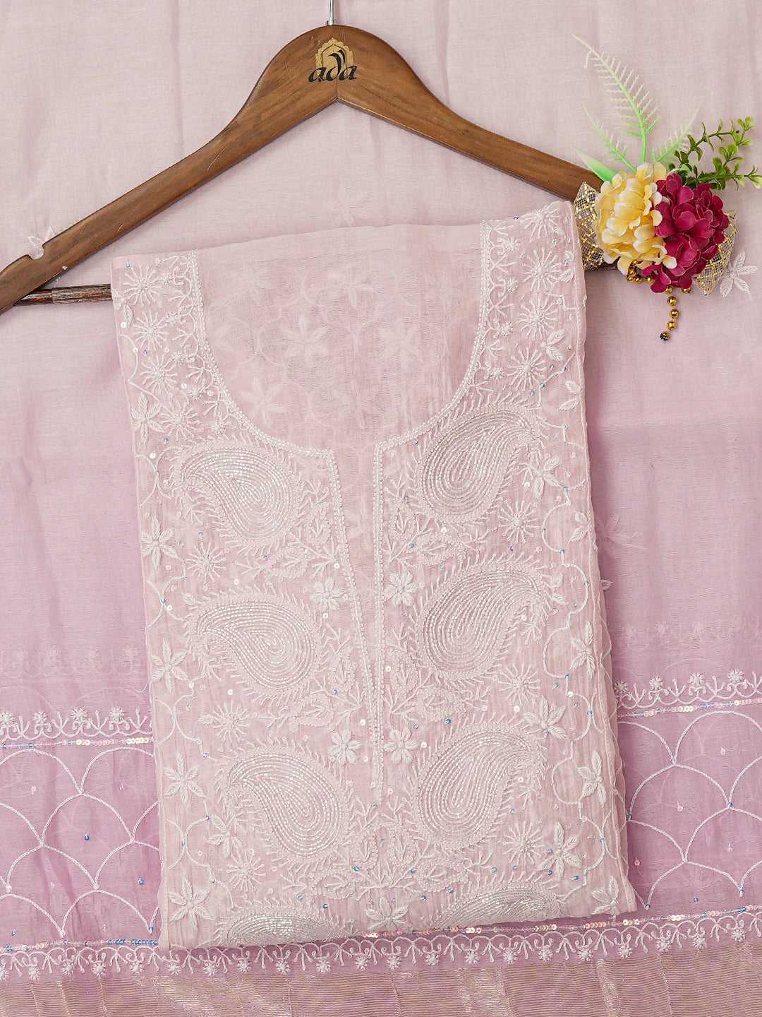 Ada Hand Embroidered Pink Chanderi Lucknowi Chikankari Semi-Stitched Kurta Dupatta Set With Cutdana Work 01A660721