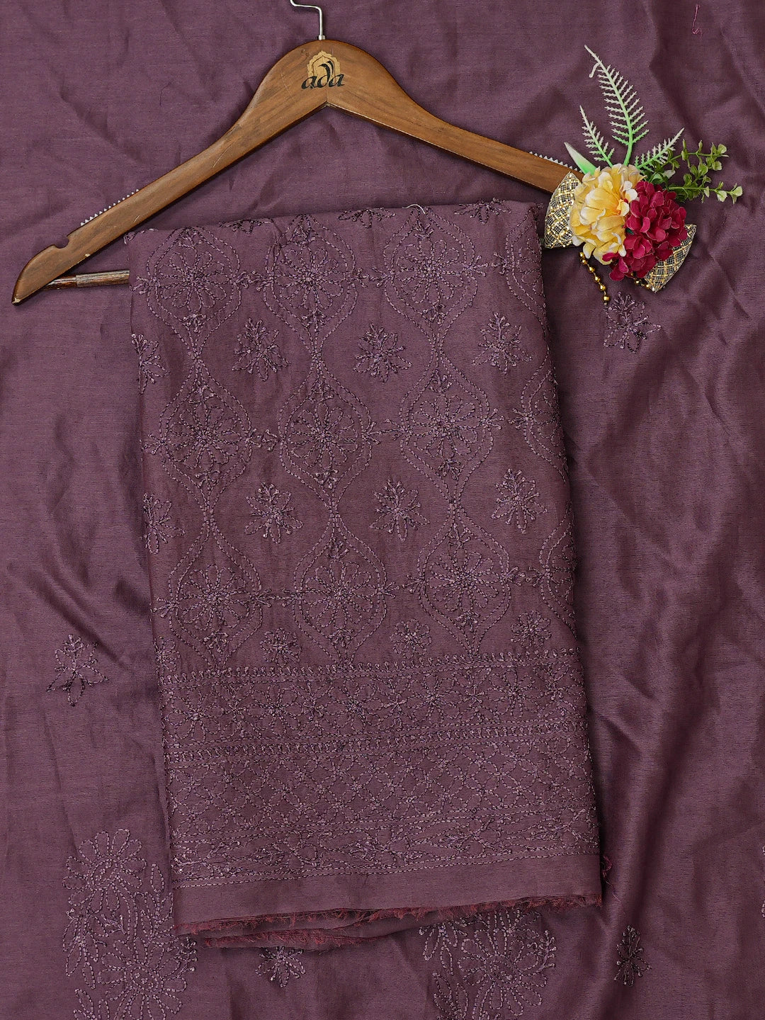 Ada Hand Embroidered Japanese Violet Chanderi Lucknowi Chikankari Unstitched Kurta Dupatta Set 01A715757