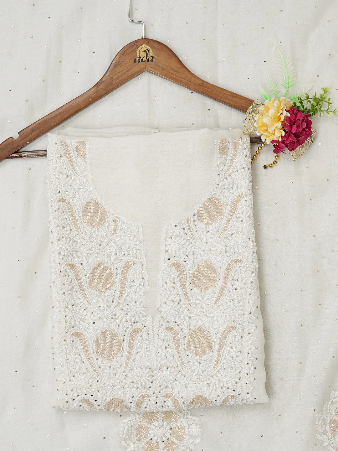 Ada Hand Embroidered White Chanderi Lucknowi Chikankari Unstitched Kurta Dupatta Set With Cutdana Work 01A722464