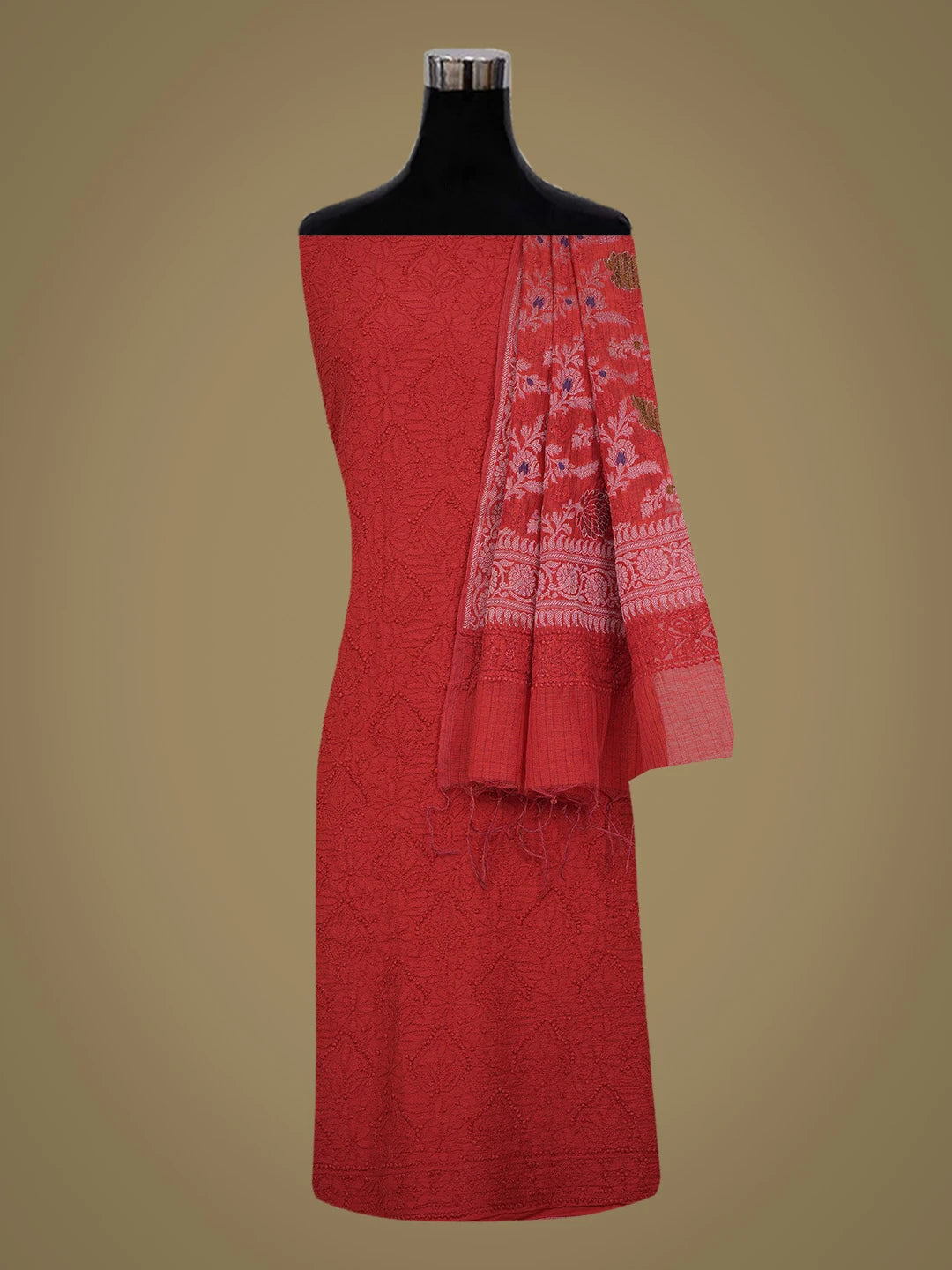 Ada Hand Embroidered Red Chanderi Lucknowi Chikankari Unstitched Kurta Dupatta Set 01A712507
