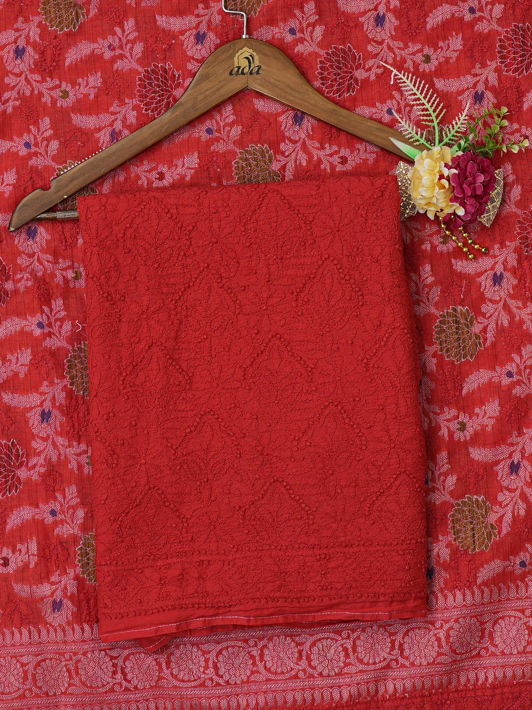 Ada Hand Embroidered Red Chanderi Lucknowi Chikankari Unstitched Kurta Dupatta Set 01A712507