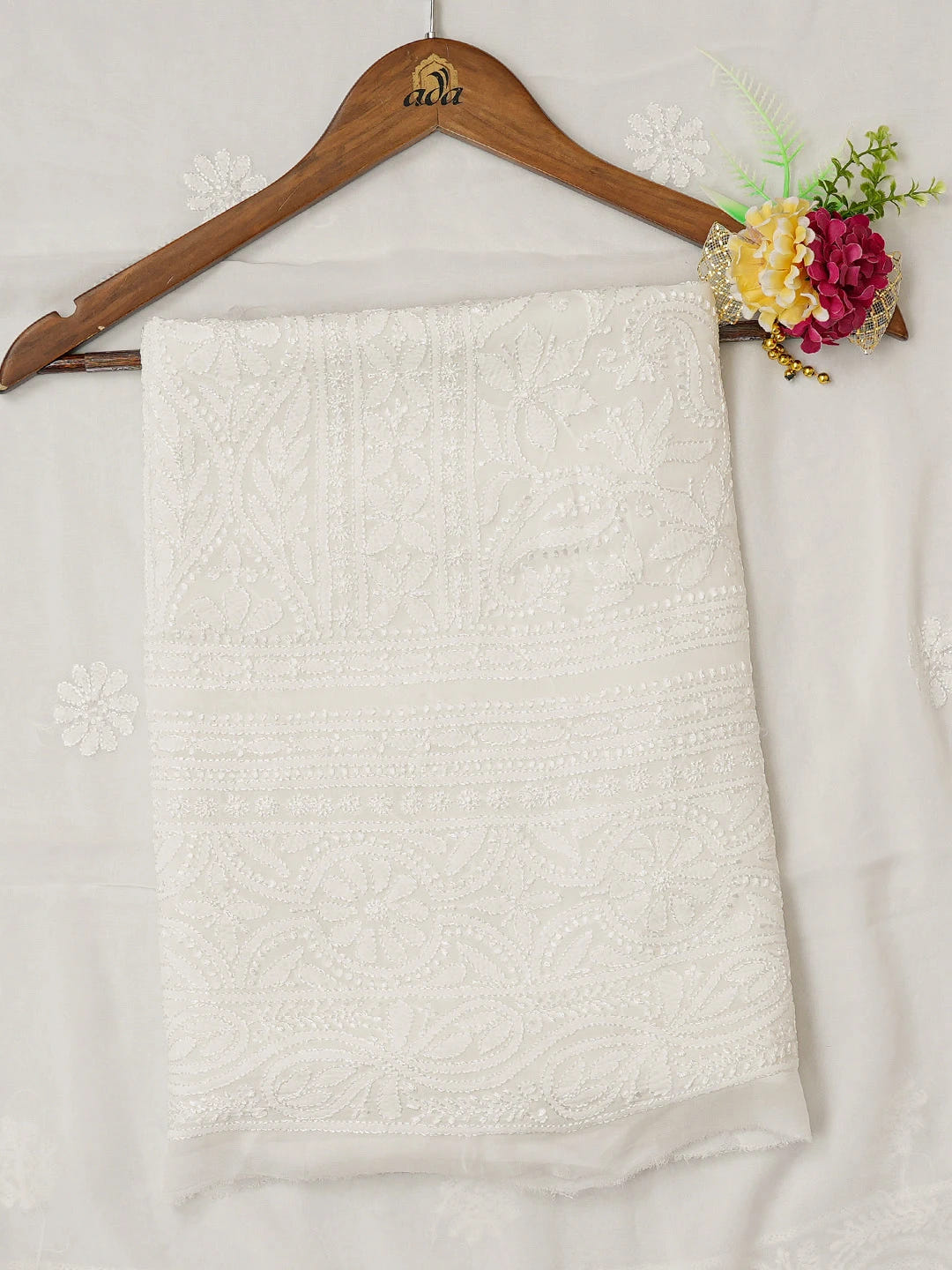 Ada Hand Embroidered White Viscose Georgette Lucknowi Chikankari Unstitched Kurta Dupatta Set 01A706301