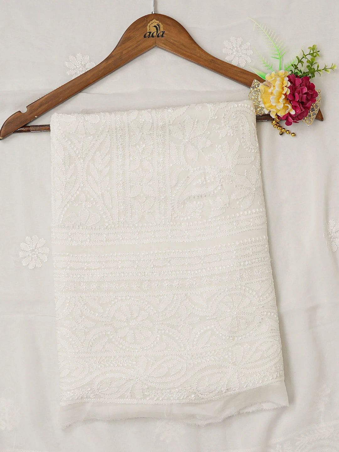Ada Hand Embroidered White Viscose Georgette Lucknowi Chikankari Unstitched Kurta Dupatta Set 01A706301